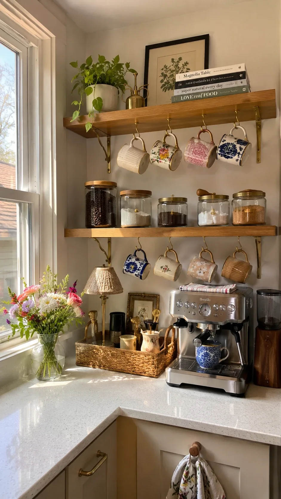 Warm cozy kitchen coffee corner with open shelves, hanging mugs and coffee maker on the counter
