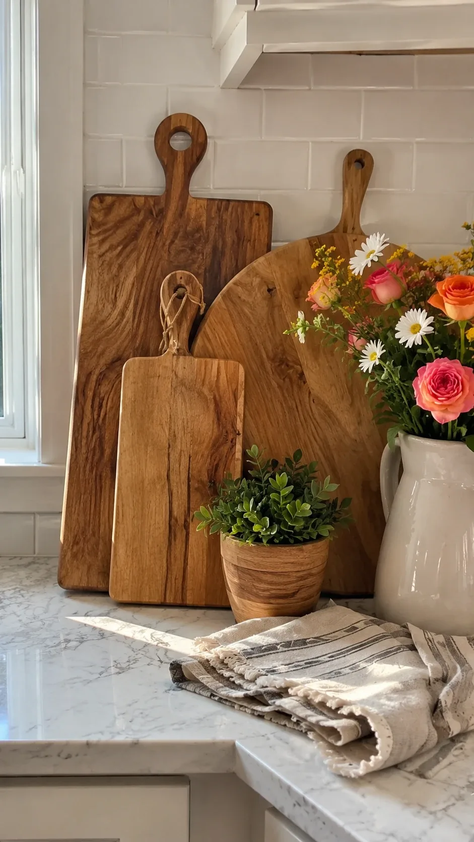 Fall kitchen counter styled with wooden cutting boards leaning against the backsplash, warm bouquet and striped towel