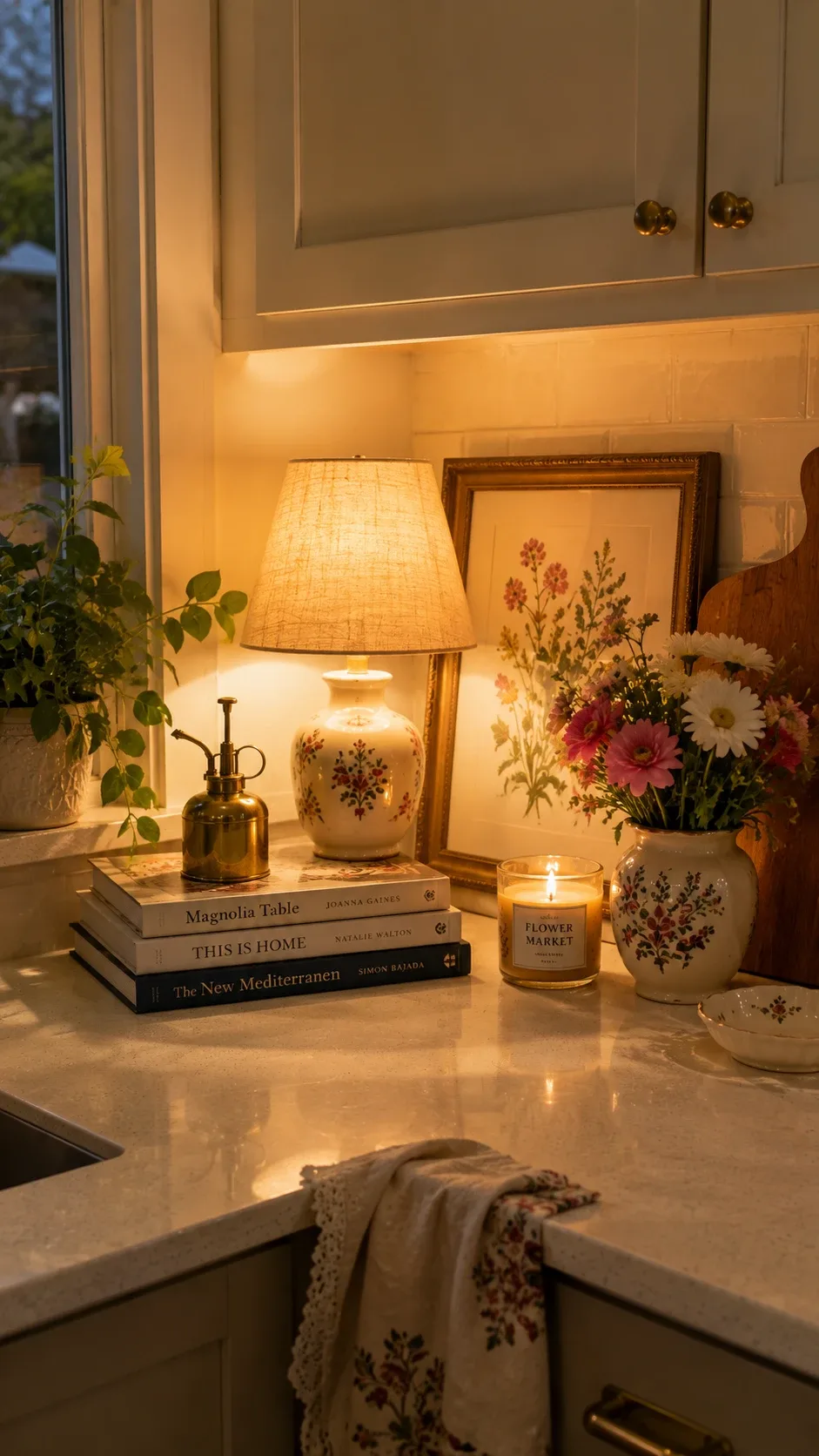 Cozy fall kitchen corner with a warm glowing lamp, candle, books and floral vase on the counter