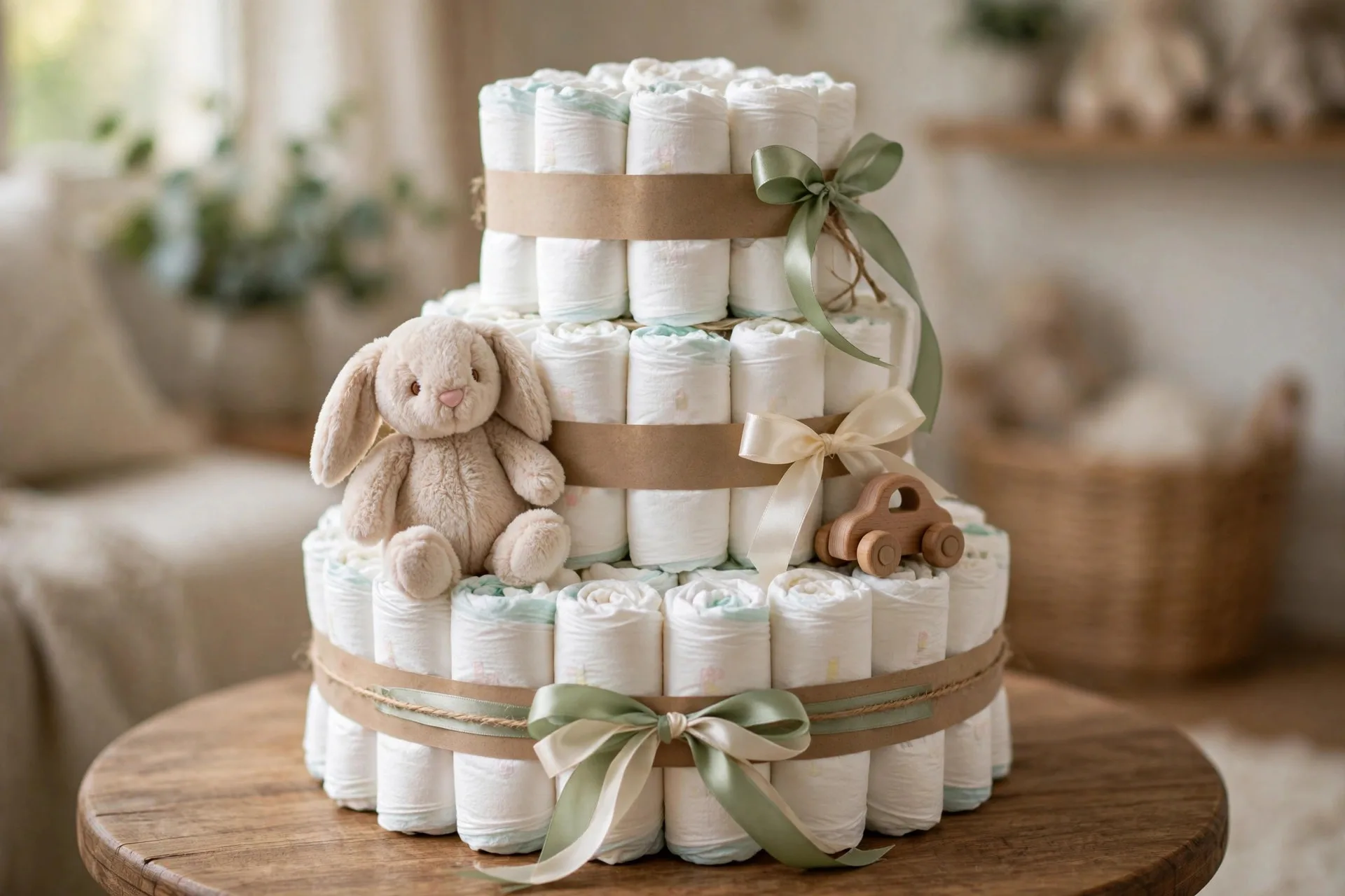 Handmade three-tier diaper cake with sage green ribbons and a plush bunny