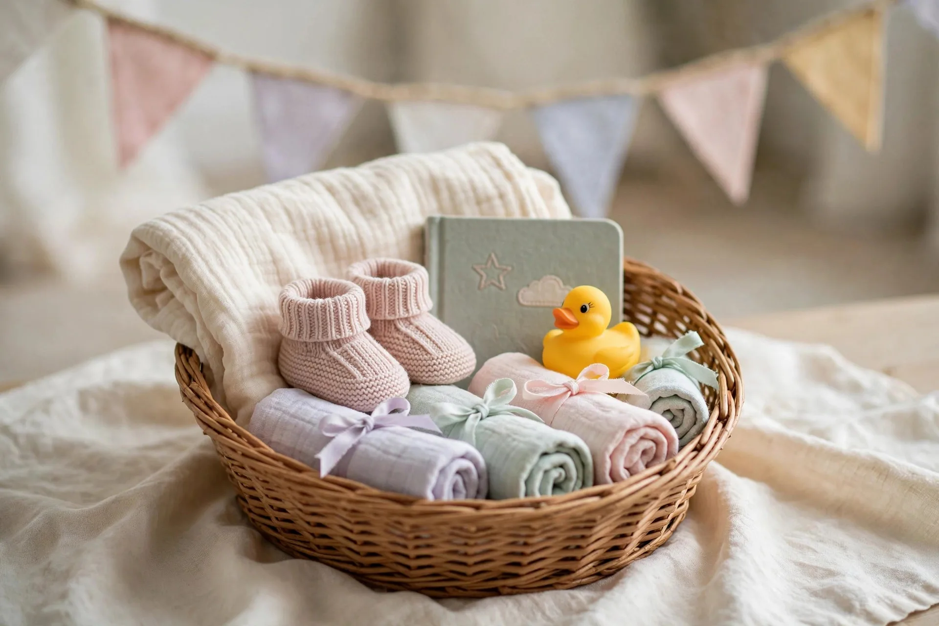 Styled baby shower gift basket with muslin blankets, knitted booties, and a board book