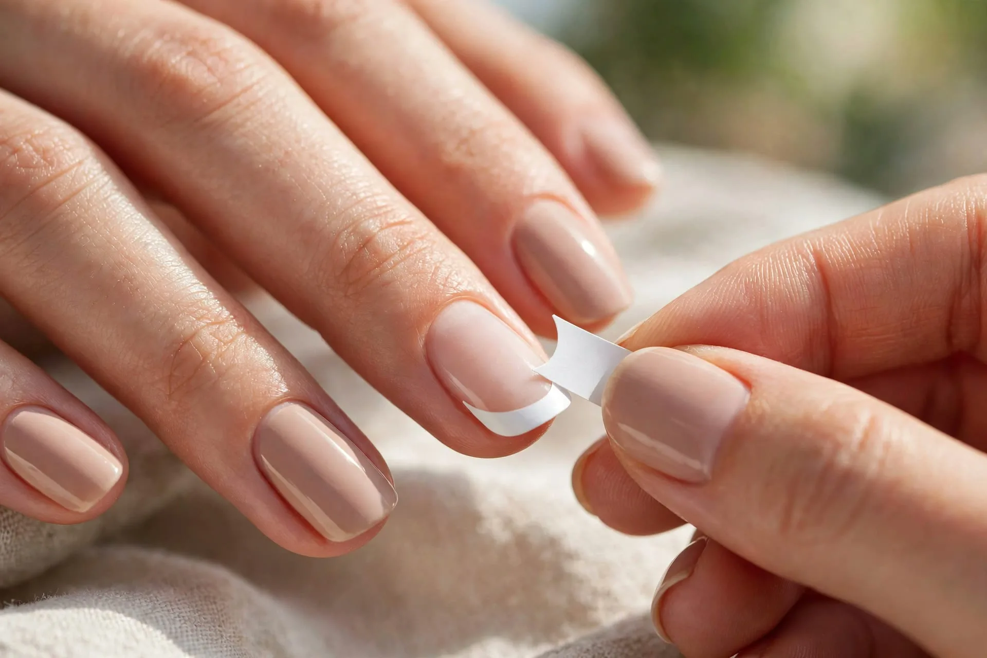 Close-up of applying a French manicure guide sticker to a prepped nail