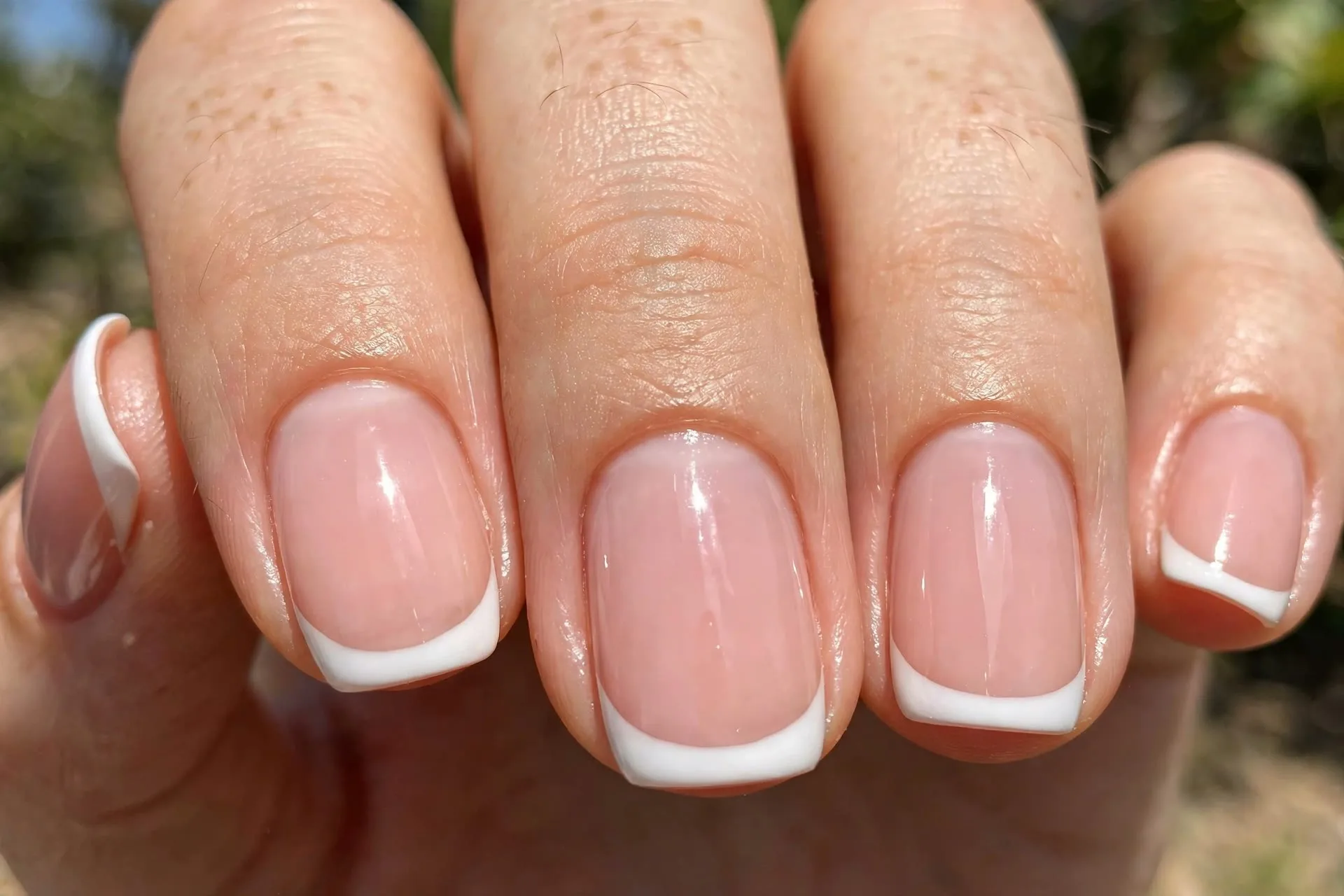 Close-up of finished classic French manicure with crisp white smile-line tips