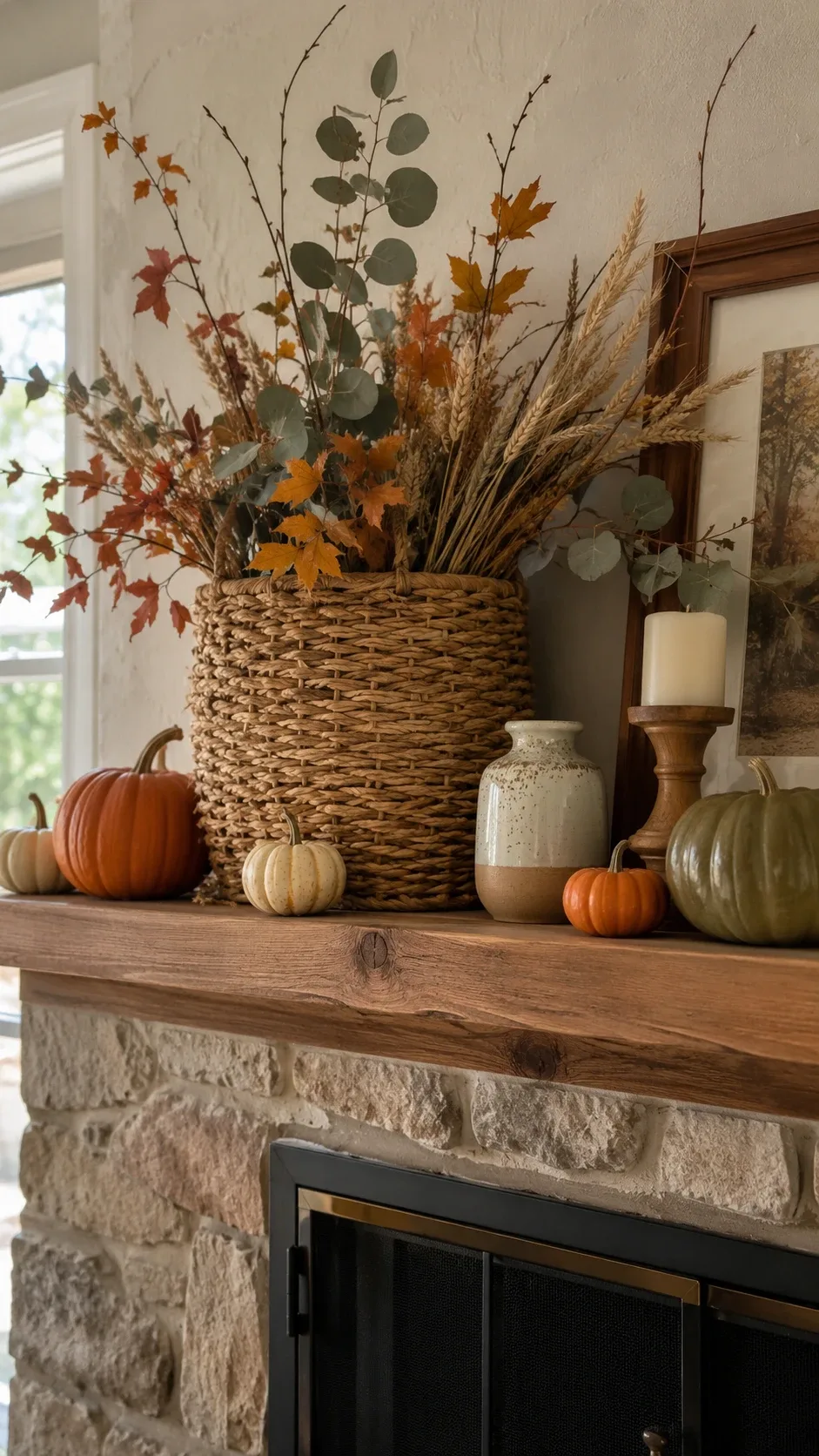 Fall mantel with a woven harvest basket filled with wheat, eucalyptus and dried stems surrounded by pumpkins