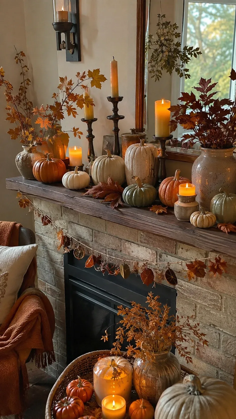 Fall mantel styled with pumpkins and glowing candles in autumn tones