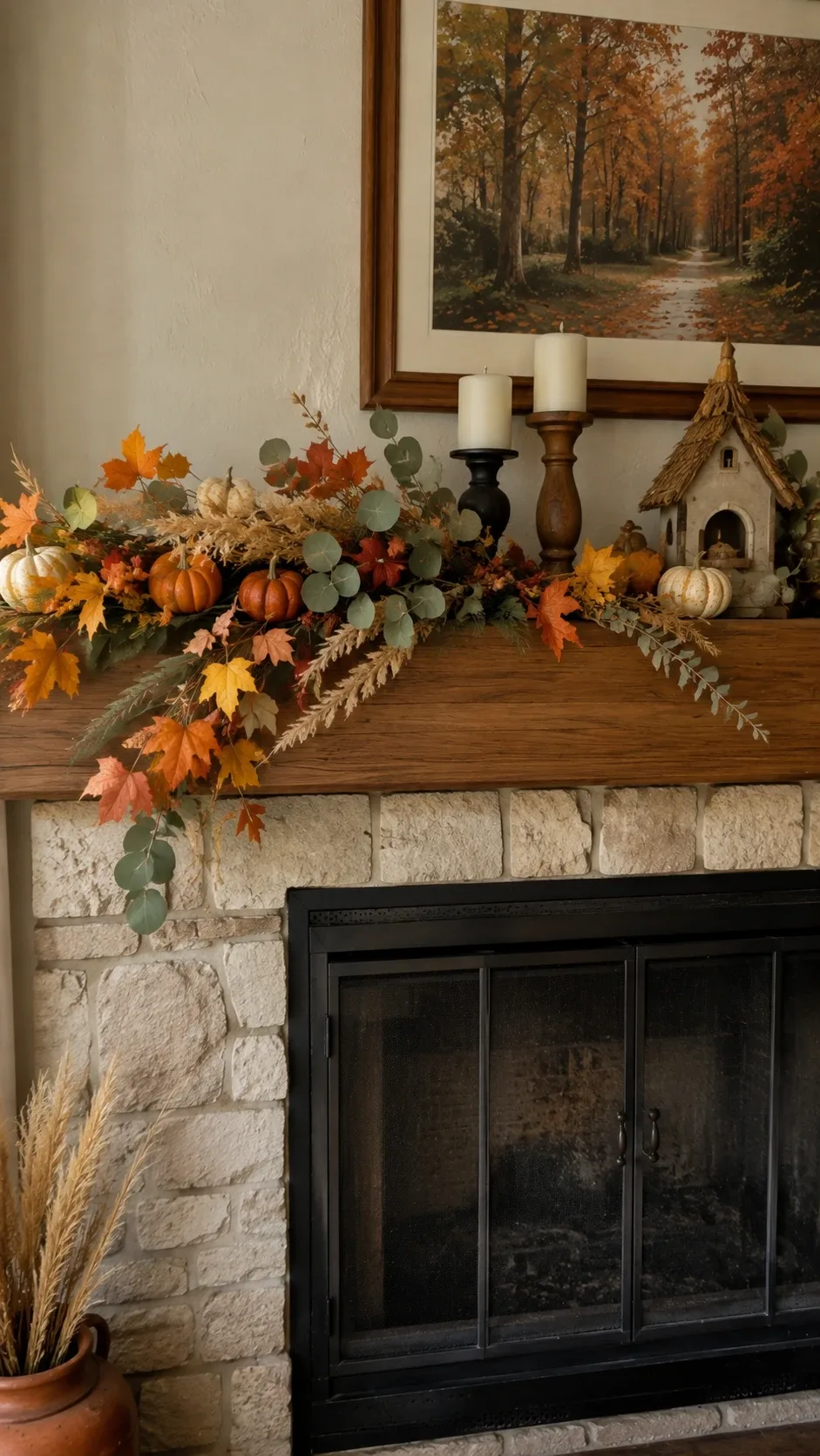 Fall garland of maple leaves, eucalyptus and pumpkins draped across a fireplace mantel