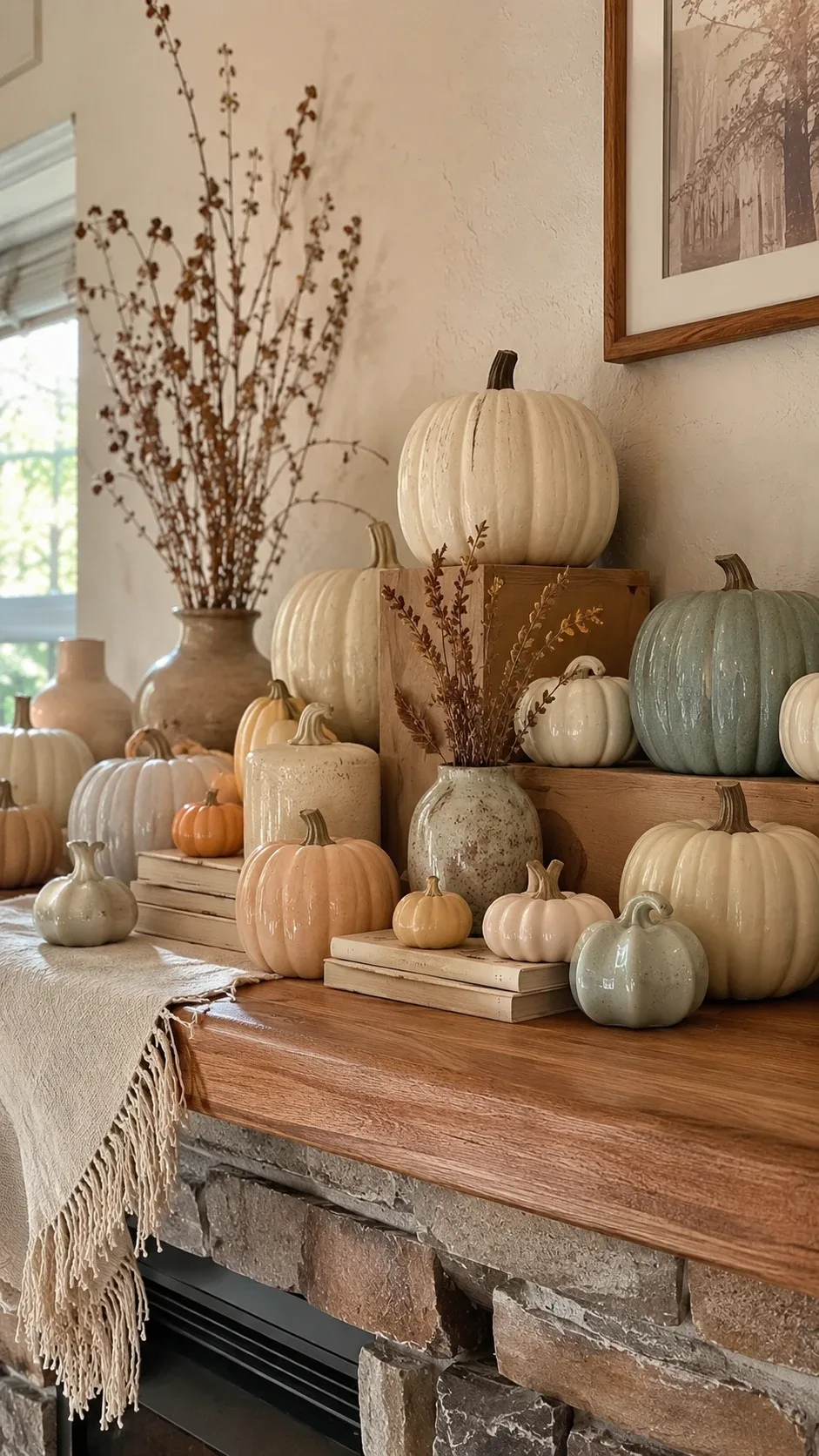 Neutral pumpkins in cream and sage arranged on wooden risers and book stacks on a mantel