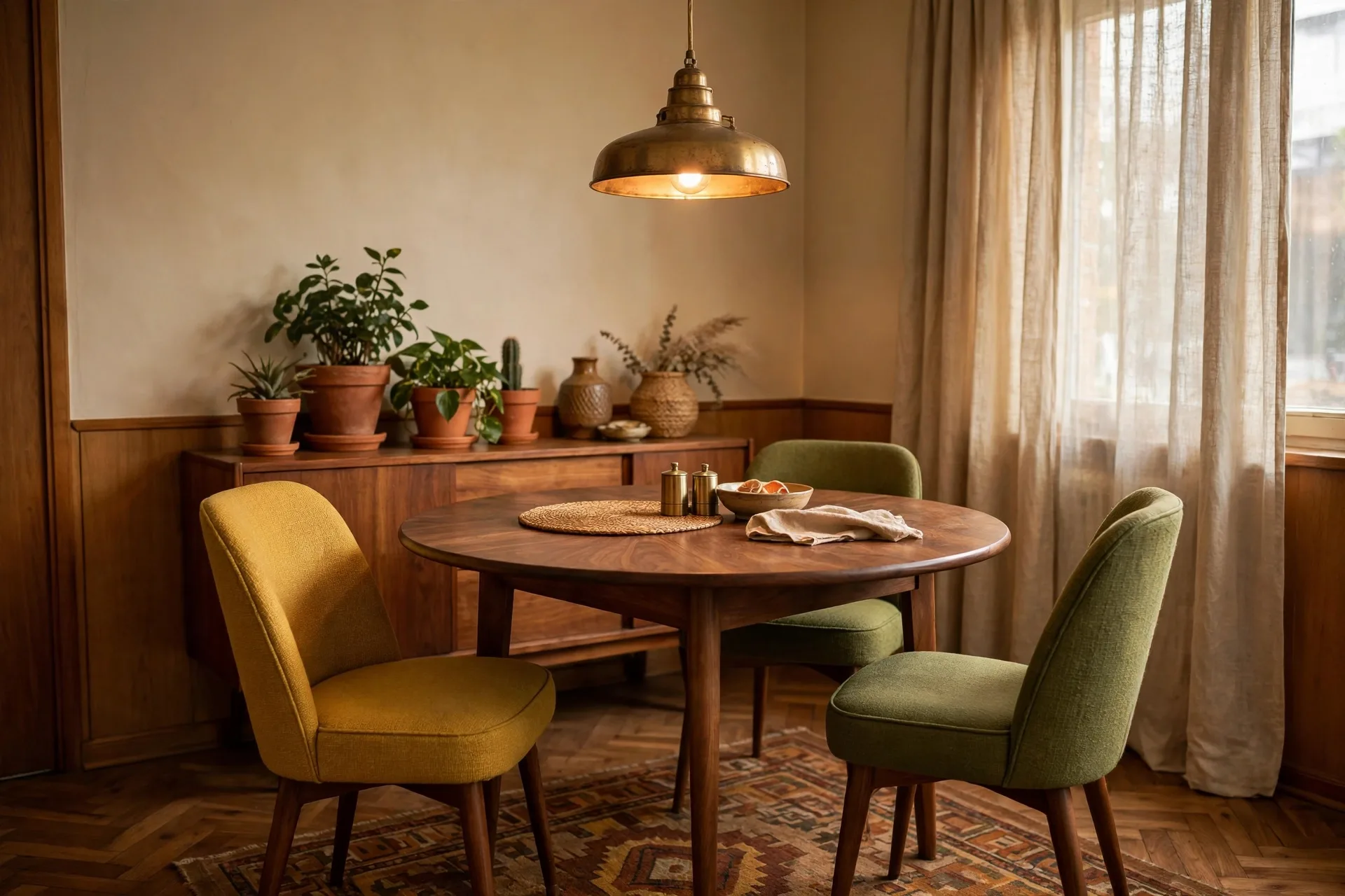 Retro apartment dining corner with round walnut table, mustard and olive upholstered chairs, brass pendant light, and terracotta planters