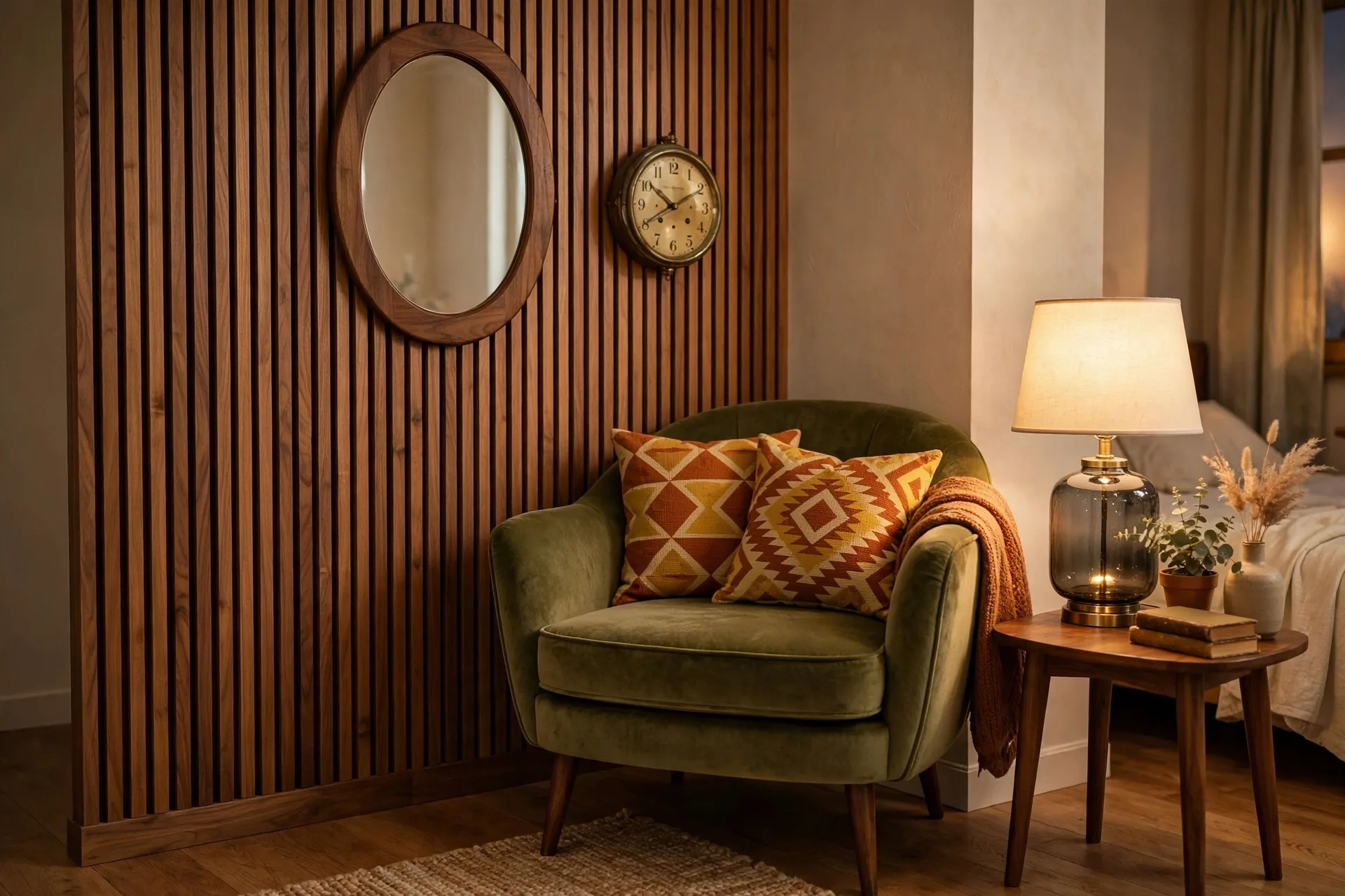 Cozy retro bedroom reading corner with olive velvet chair, oval walnut mirror, wood slat accent wall, vintage clock, and warm lamp
