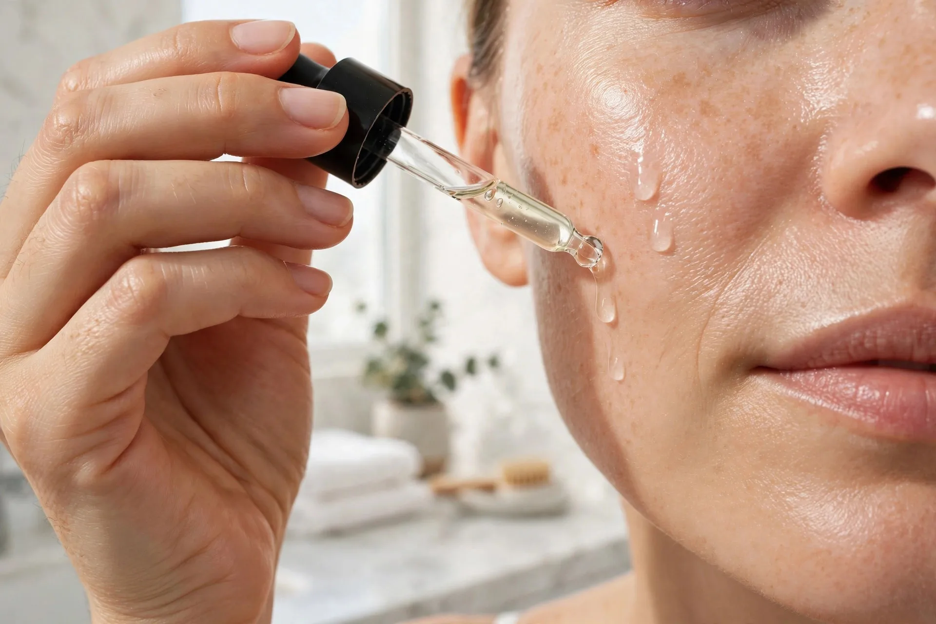 Applying vitamin C serum drops to the cheek with a glass dropper
