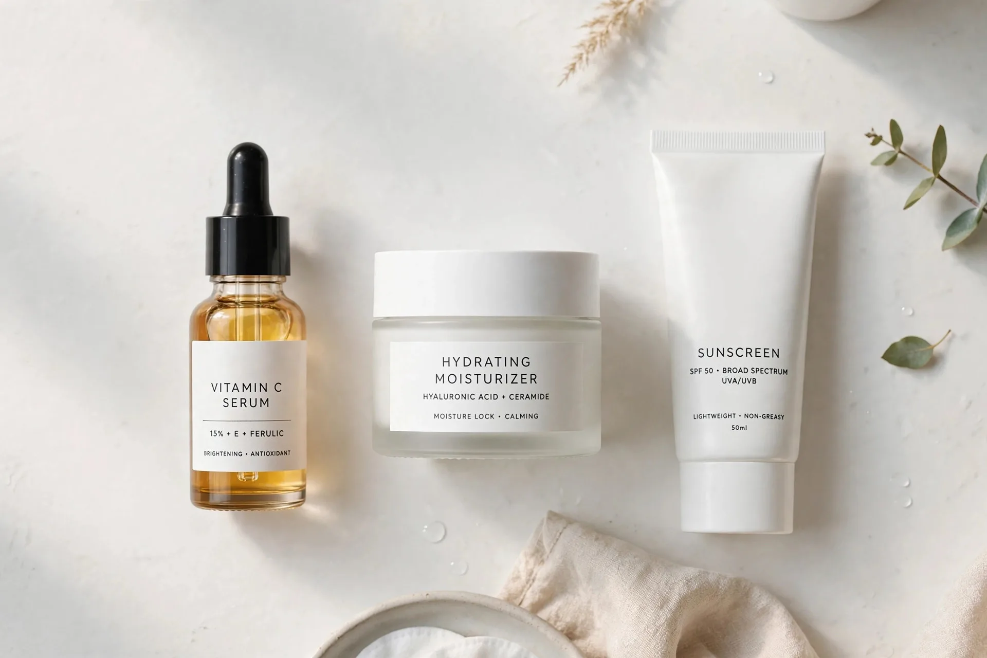 Morning skincare products lined up in layering order: vitamin C serum, moisturizer, sunscreen