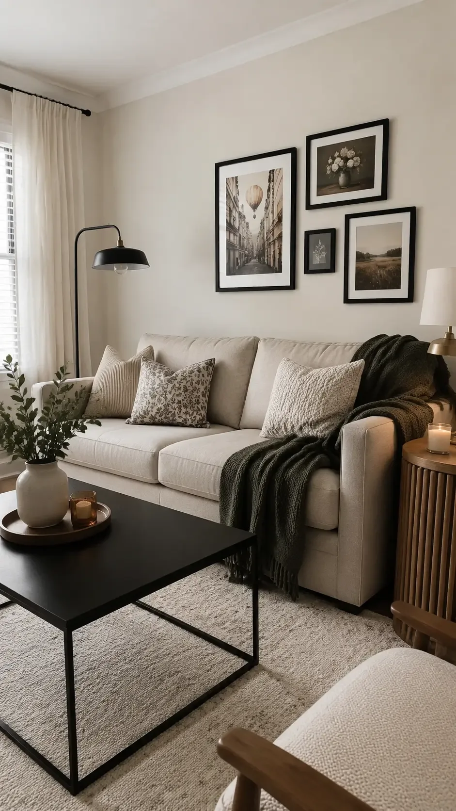 Beige couch living room with black accents