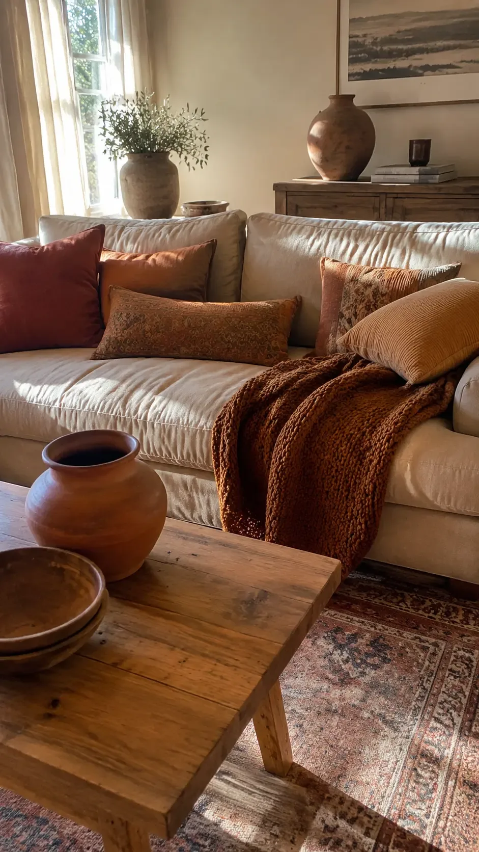 Beige couch with warm earth-tone pillows and throw