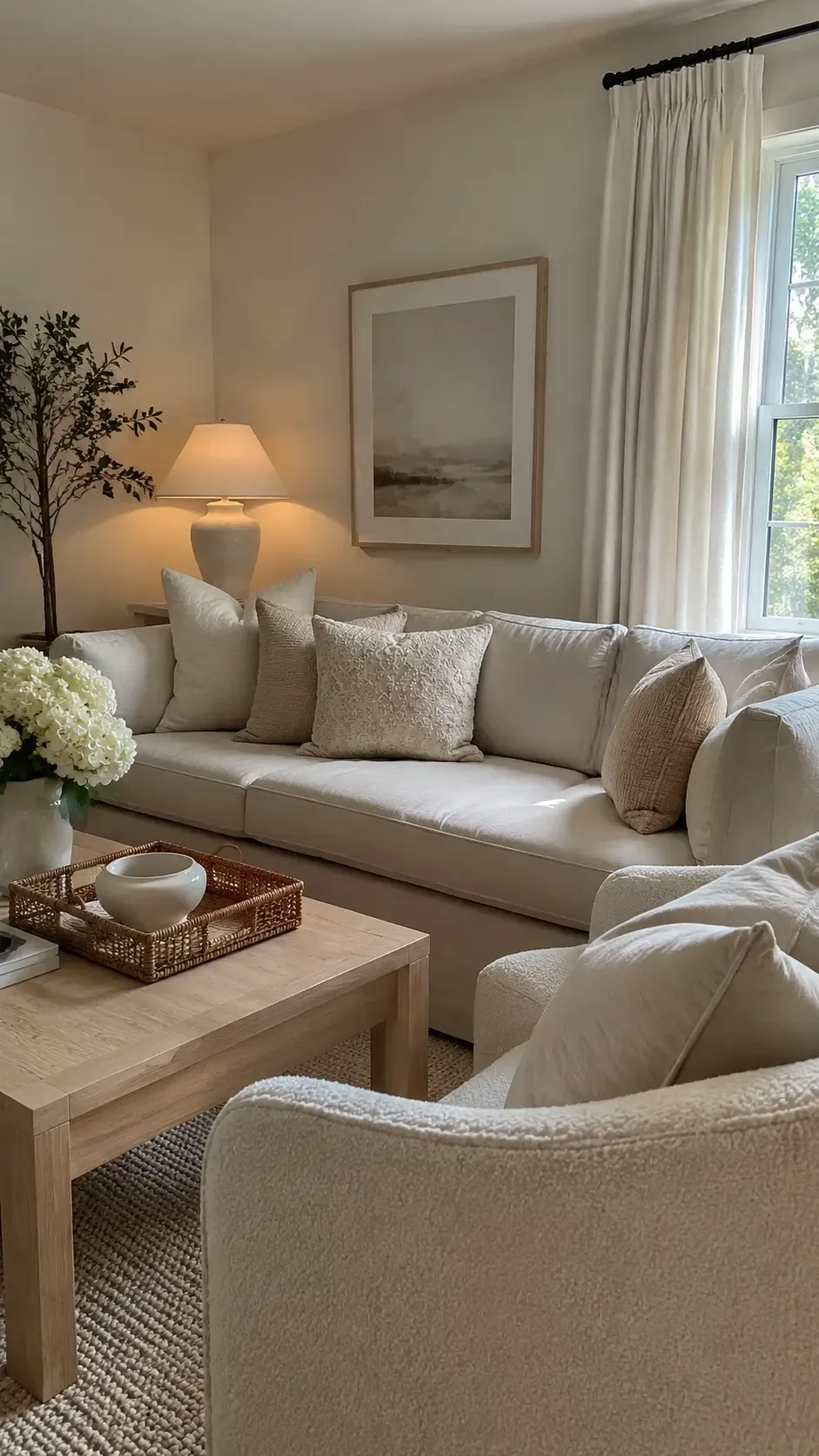 Tonal beige layered living room with cream sofa