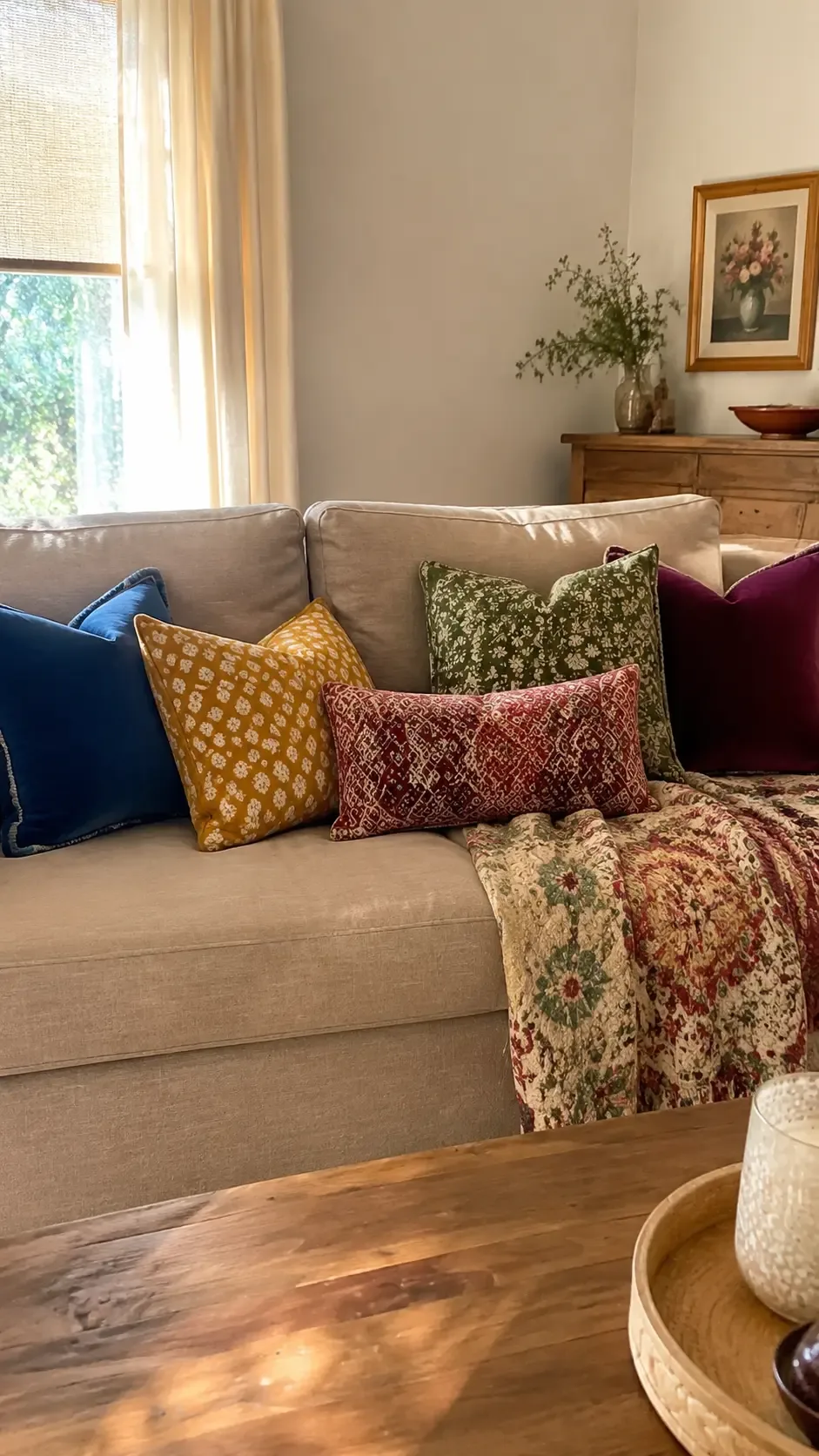 Beige couch with colorful collected pillows