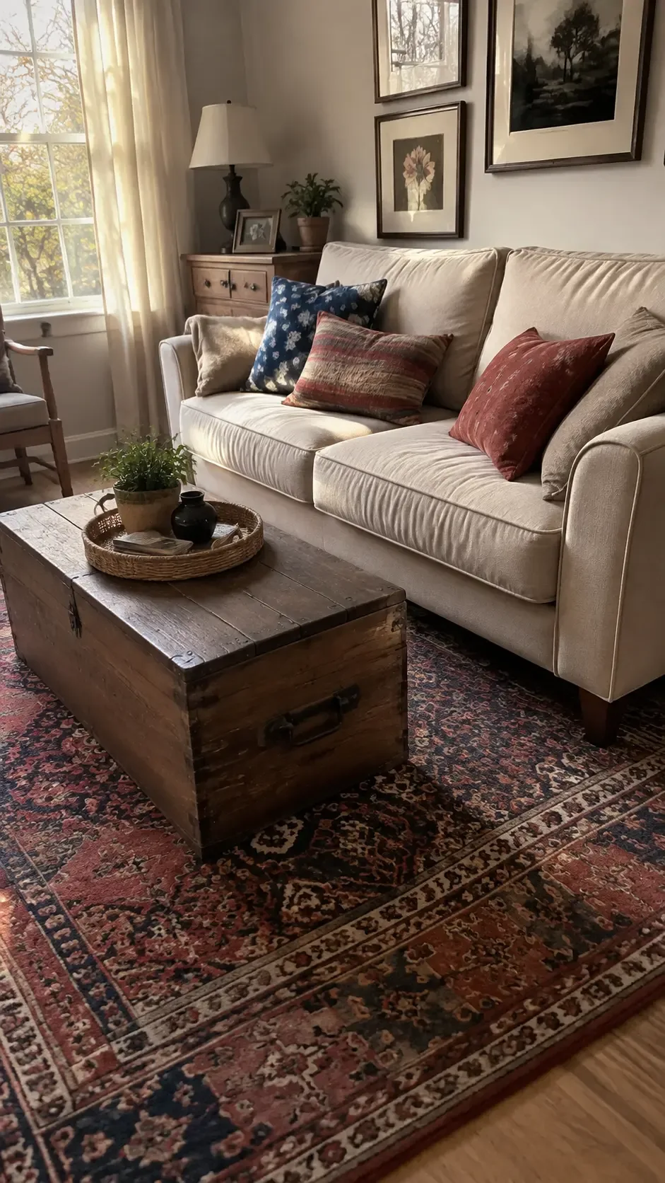 Beige couch living room anchored by a vintage rug