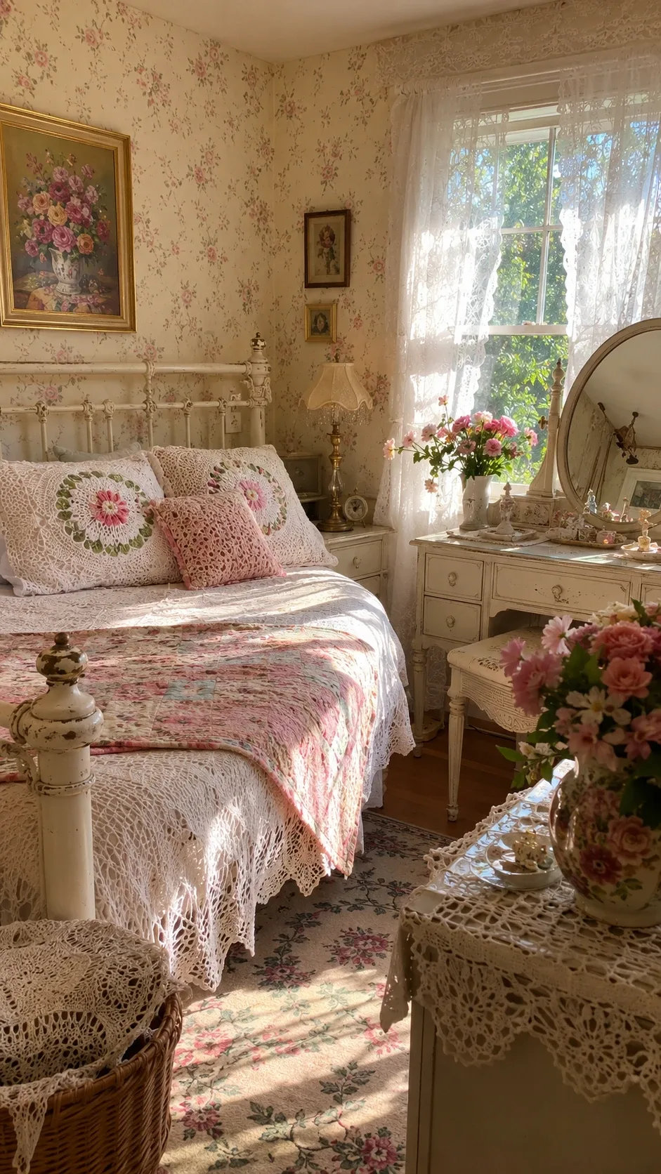 Vintage bedroom with floral wallpaper, lace bedding and crochet pillows