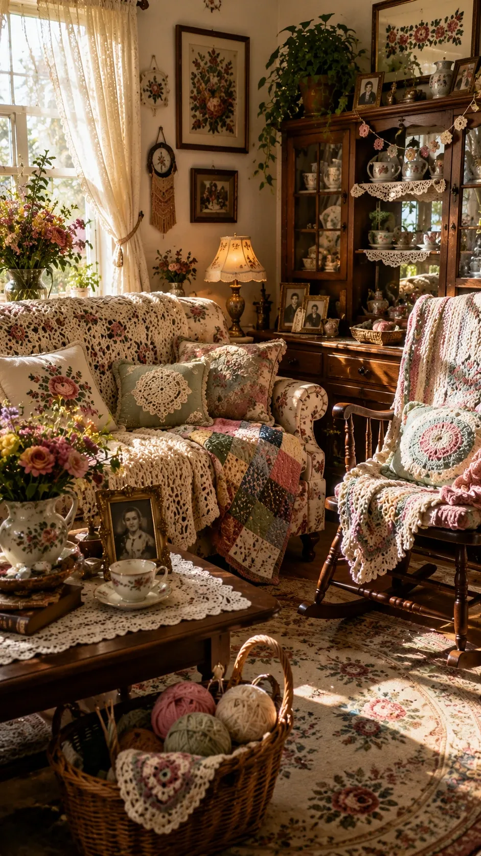 Cozy vintage living room with crochet blankets, rocking chair and yarn basket