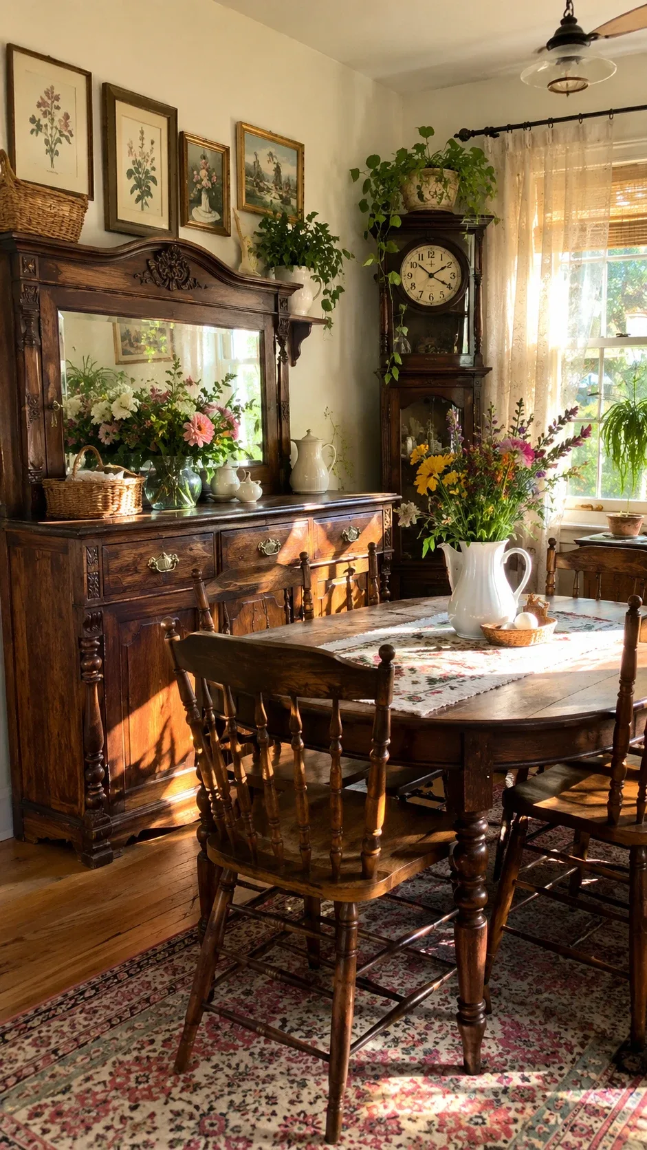 Vintage dining room with antique wooden sideboard, grandfather clock and floral rug