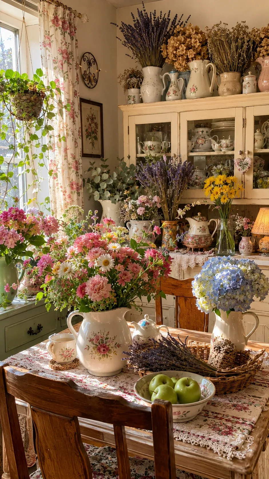 Vintage kitchen display with floral china, dried lavender and pitchers