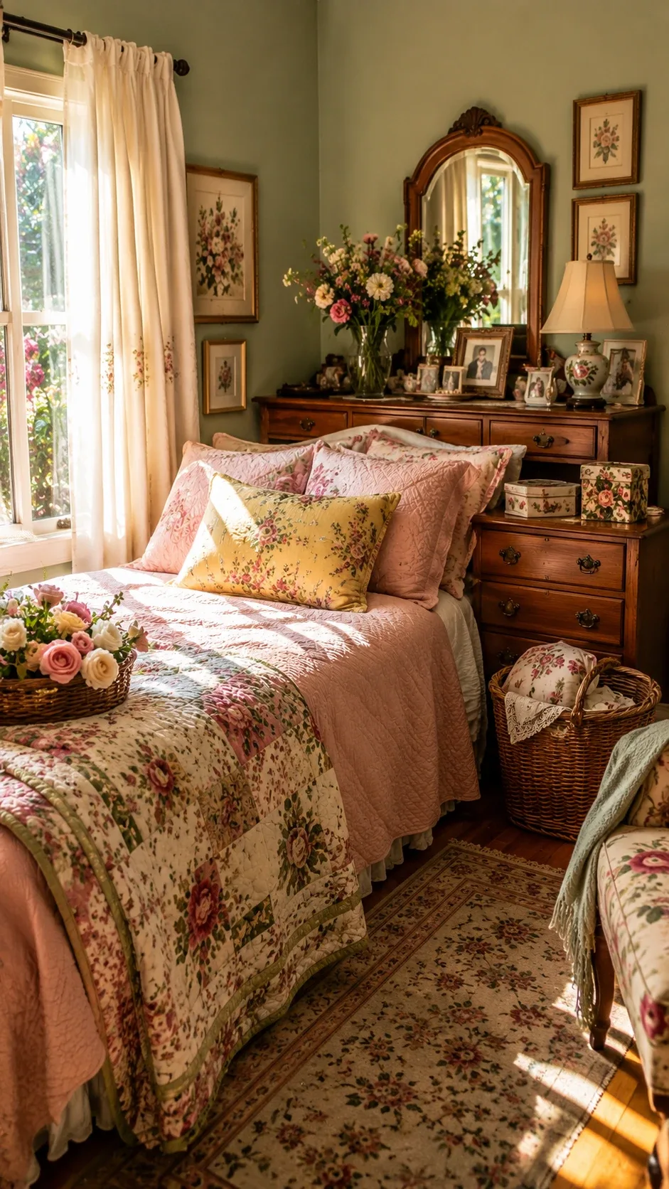 Vintage bedroom with floral patchwork quilt, wooden dresser and framed photos
