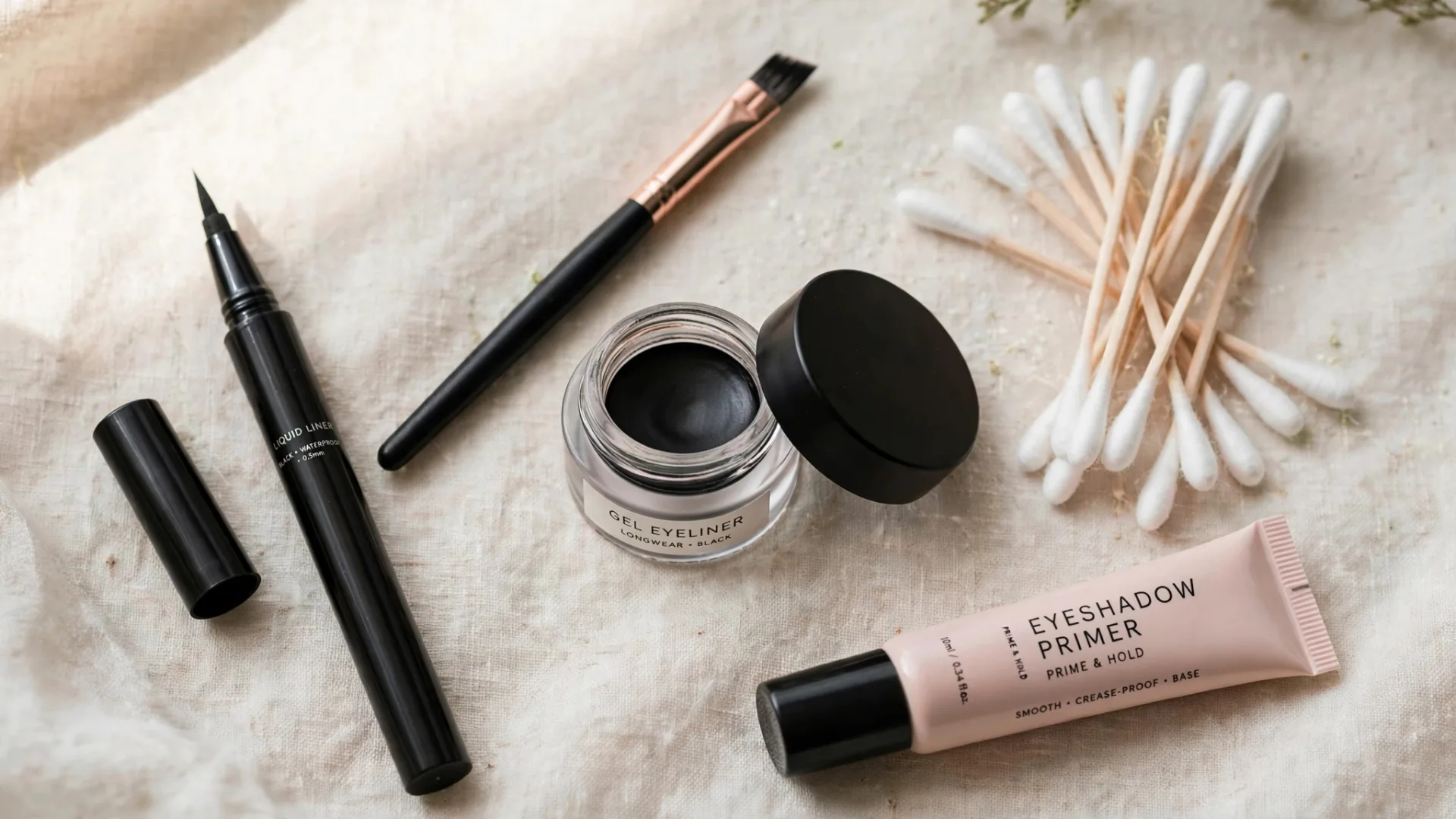 Flat lay of winged eyeliner tools: liquid liner pen, angled brush, gel eyeliner, cotton swabs, eyeshadow primer