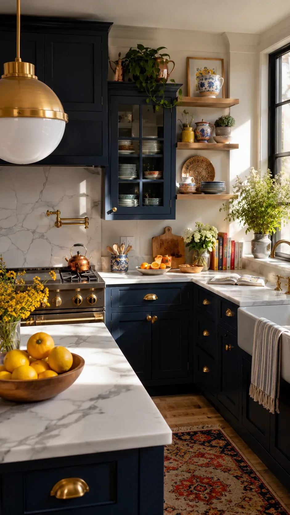 Deep navy painted kitchen cabinets with brass hardware and marble countertop