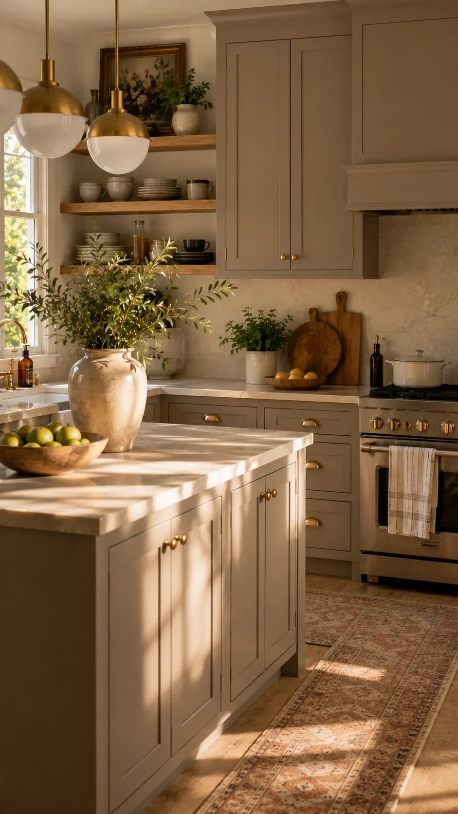 Warm taupe painted kitchen cabinets with brass knobs and open shelving