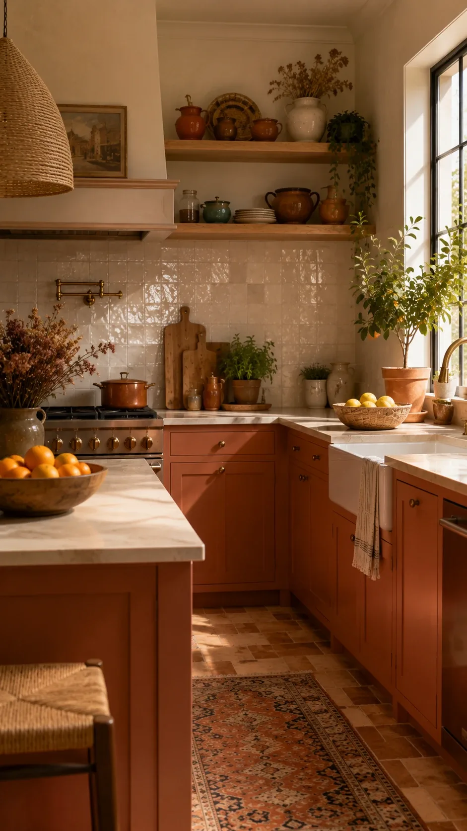 Muted terracotta painted kitchen cabinets with farmhouse sink