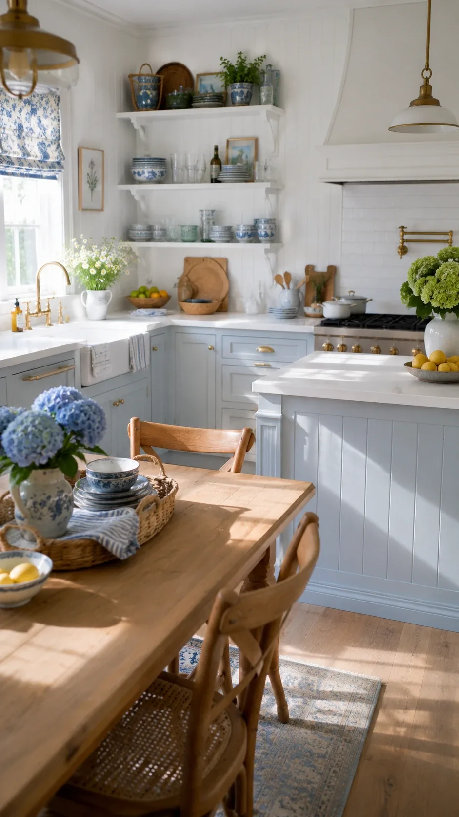 Pale blue painted kitchen cabinets with open shelving and brass faucet