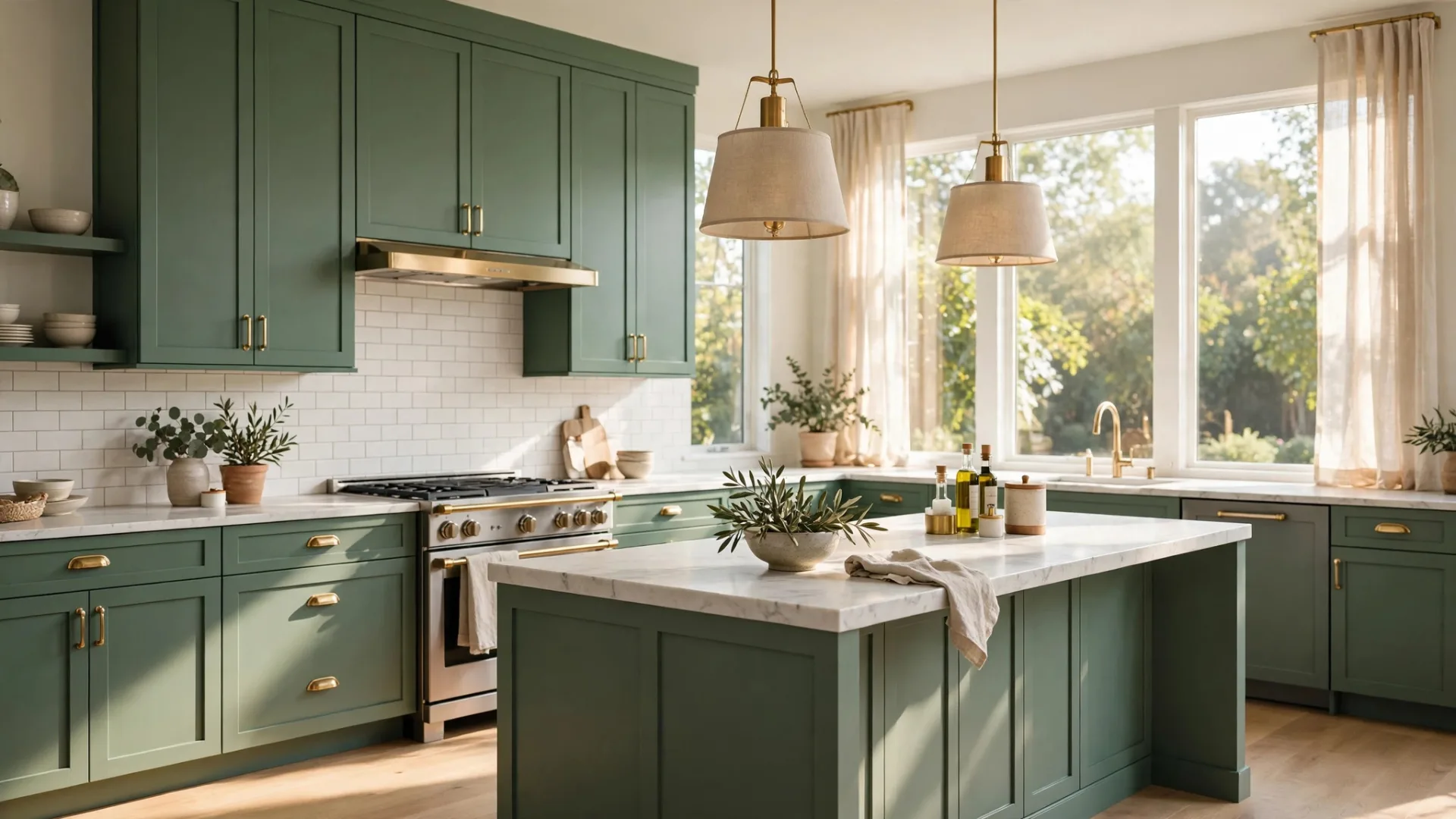 Painted kitchen cabinets in sage green with brass hardware and marble countertops
