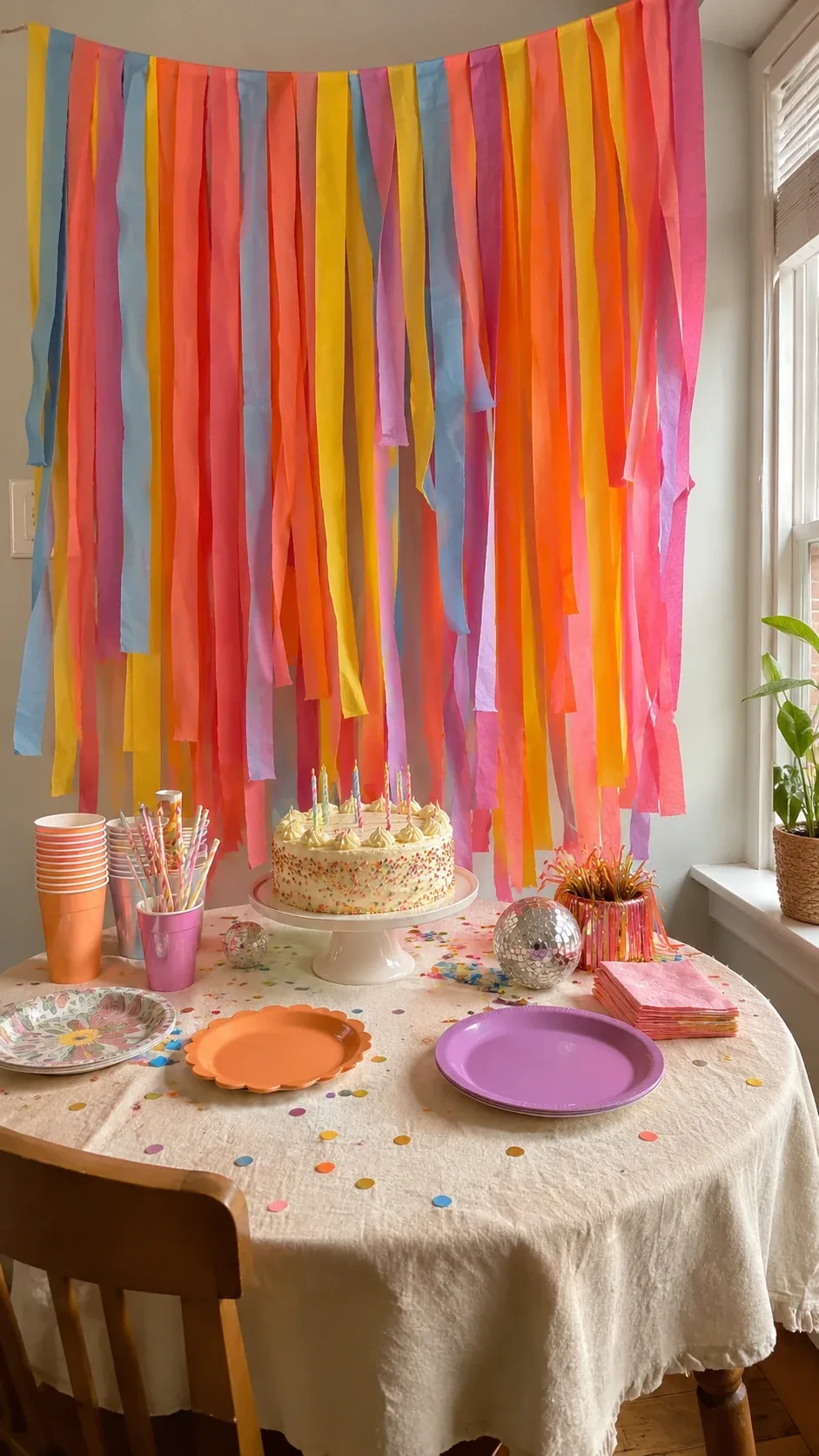 Streamer curtain backdrop behind a birthday party dessert table with cake