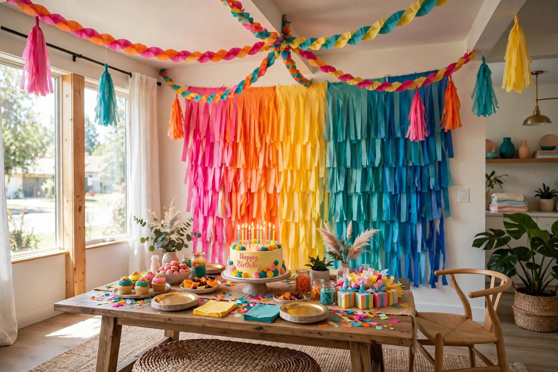 Colorful party streamer decorations ideas - rainbow streamer backdrop and ceiling garlands at a birthday party
