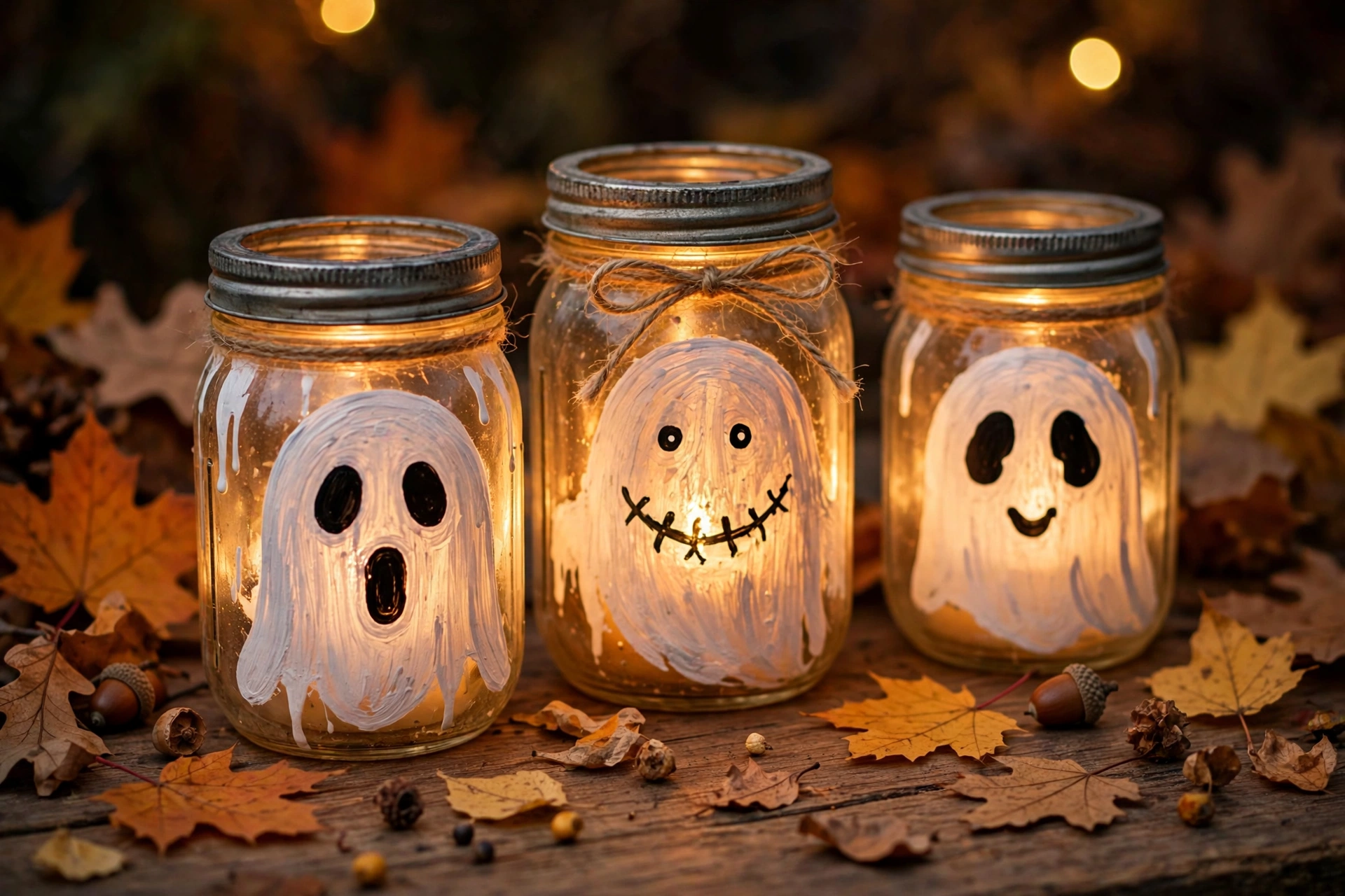 Glowing mason jar lanterns with ghost faces