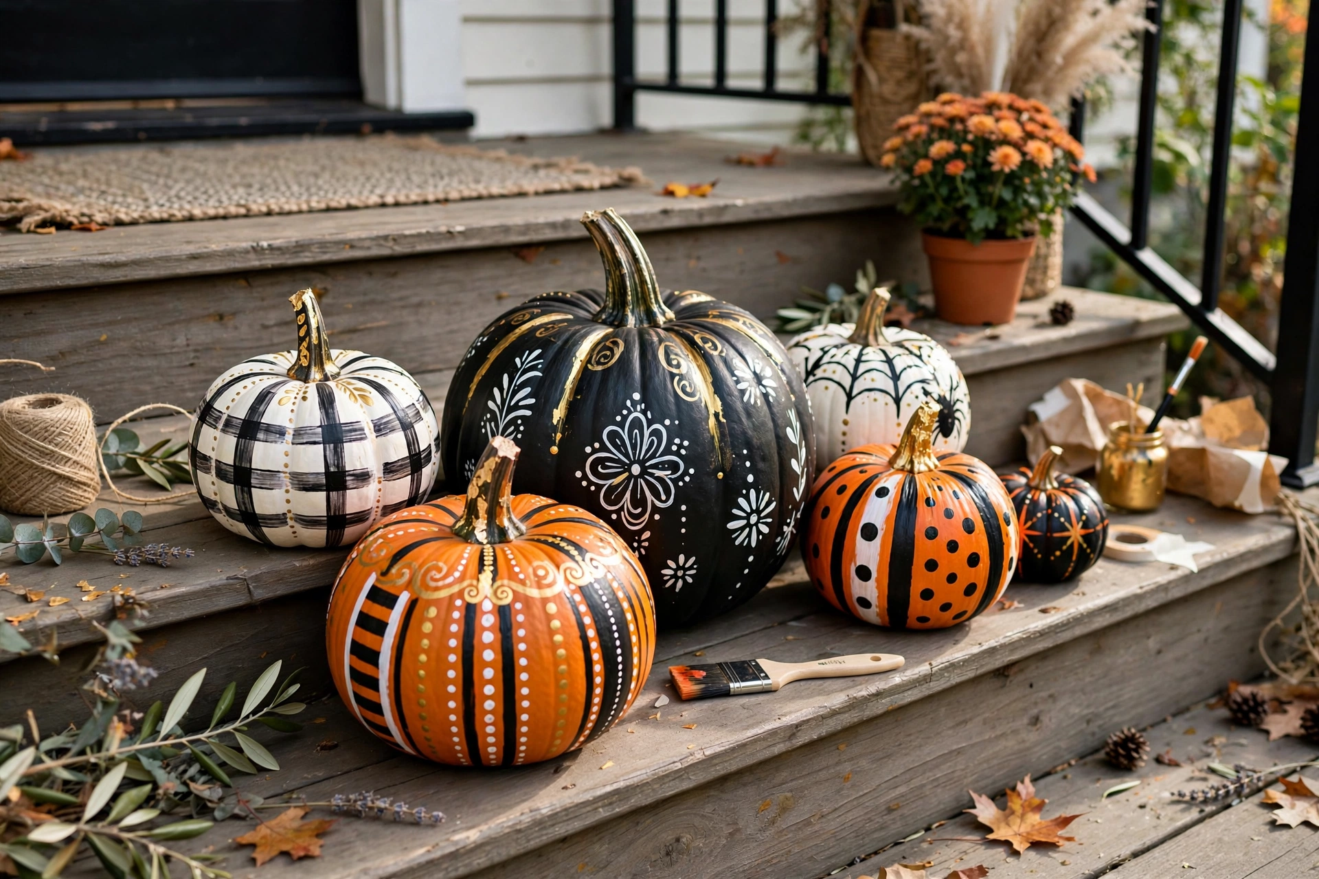 Hand-painted pumpkins on porch steps