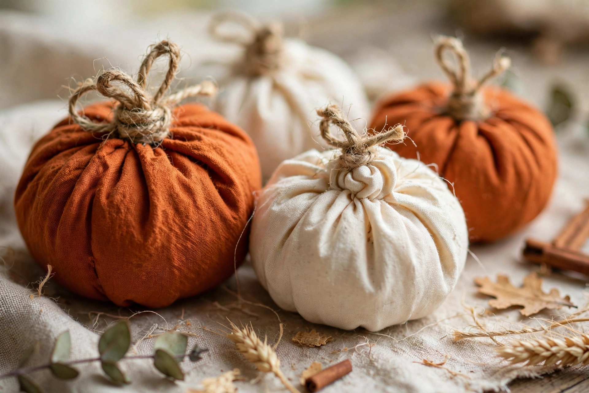 Close-up of handmade no-sew fabric pumpkins in burnt orange and cream
