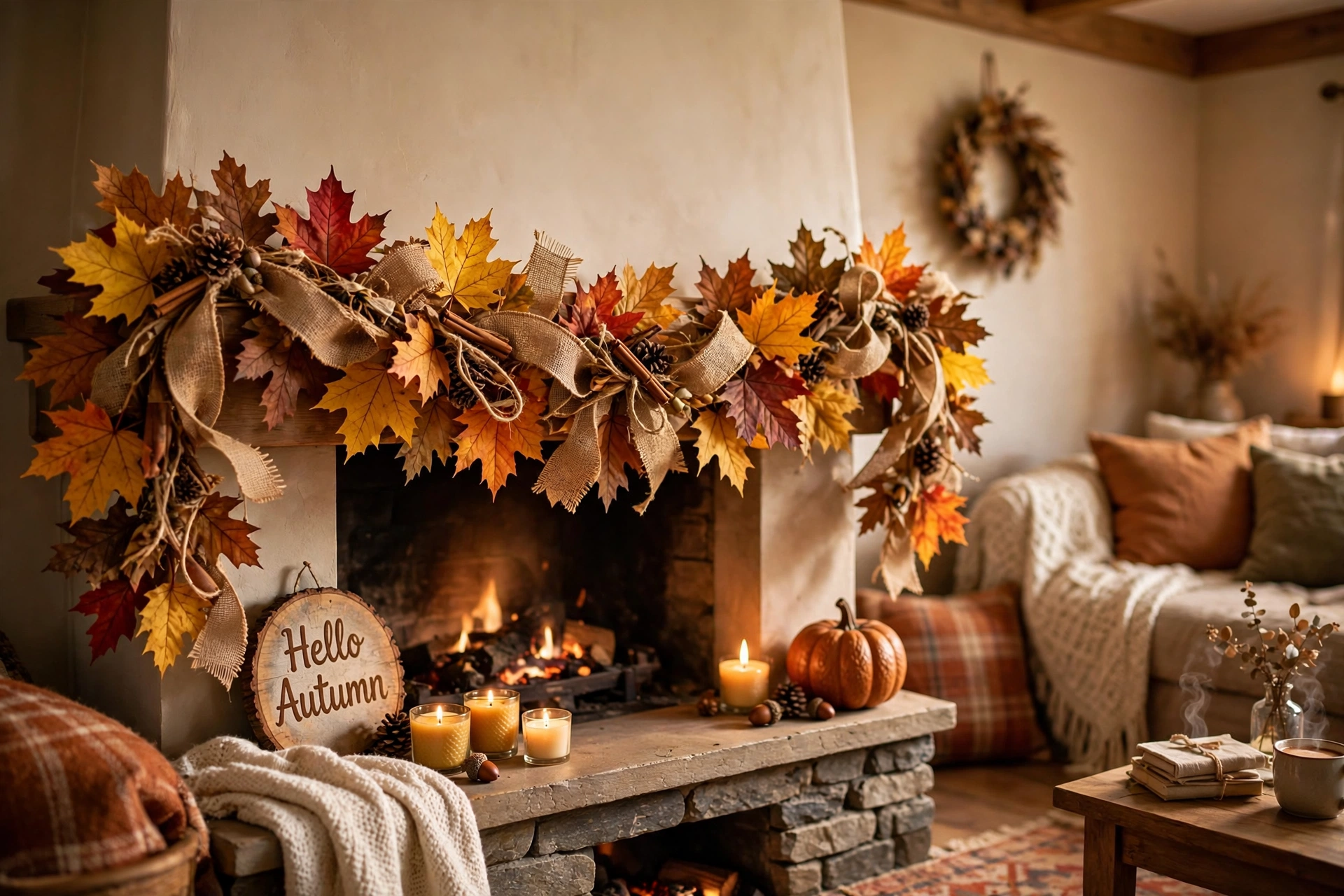 DIY fall leaf garland with autumn leaves and burlap on fireplace mantel
