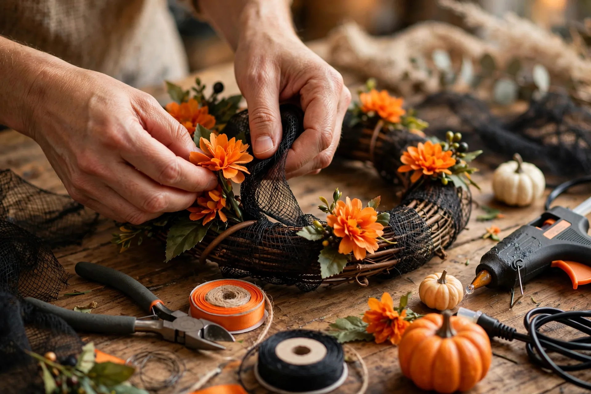 DIY Halloween Wreath – black floral grapevine wreath with wooden BOO sign