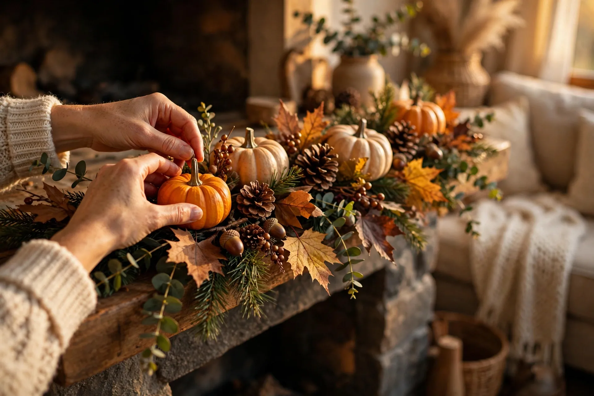 DIY Thanksgiving Decorations – paper leaf garland on mantel