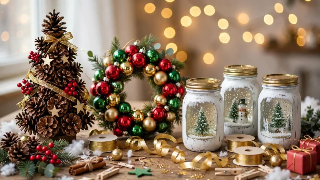 Dollar store Christmas crafts scene with snow globes, ornaments and pinecone decorations