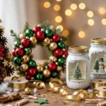 Dollar store Christmas crafts scene with snow globes, ornaments and pinecone decorations
