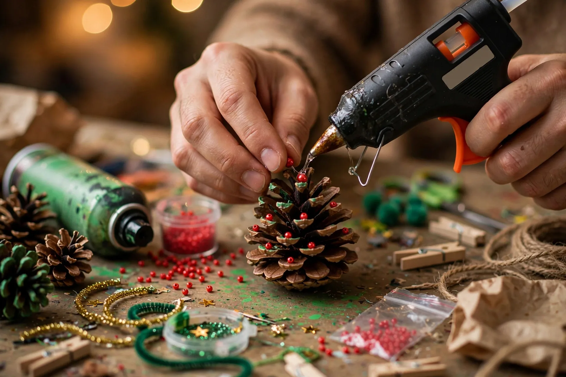 Hands crafting a pinecone Christmas tree with a hot glue gun and red beads