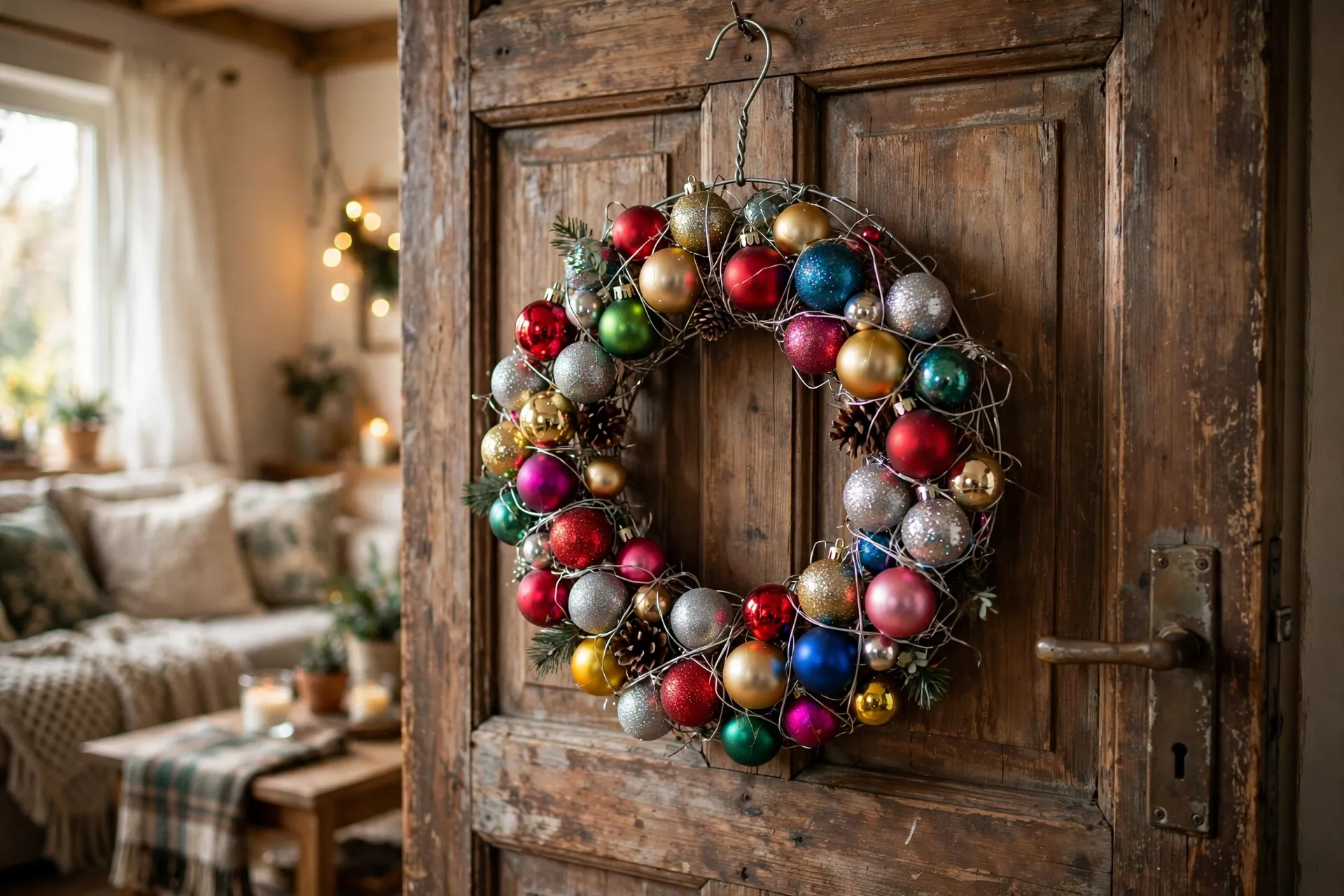 Finished dollar store ornament wreath hanging on a rustic wooden door