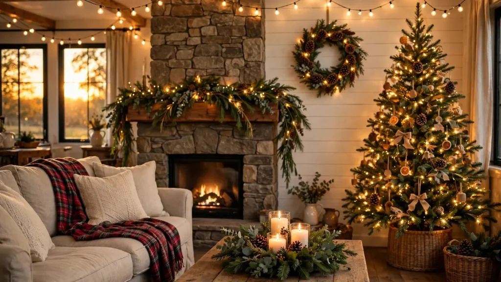 Cozy Christmas living room decorated with garlands, ornaments and warm fairy lights
