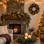 Cozy Christmas living room decorated with garlands, ornaments and warm fairy lights