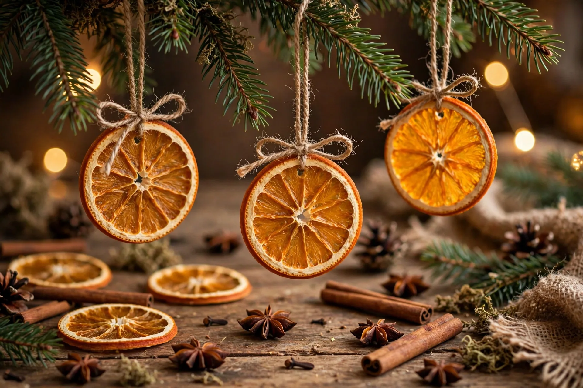 Handmade dried orange slice Christmas ornaments with cinnamon sticks and twine