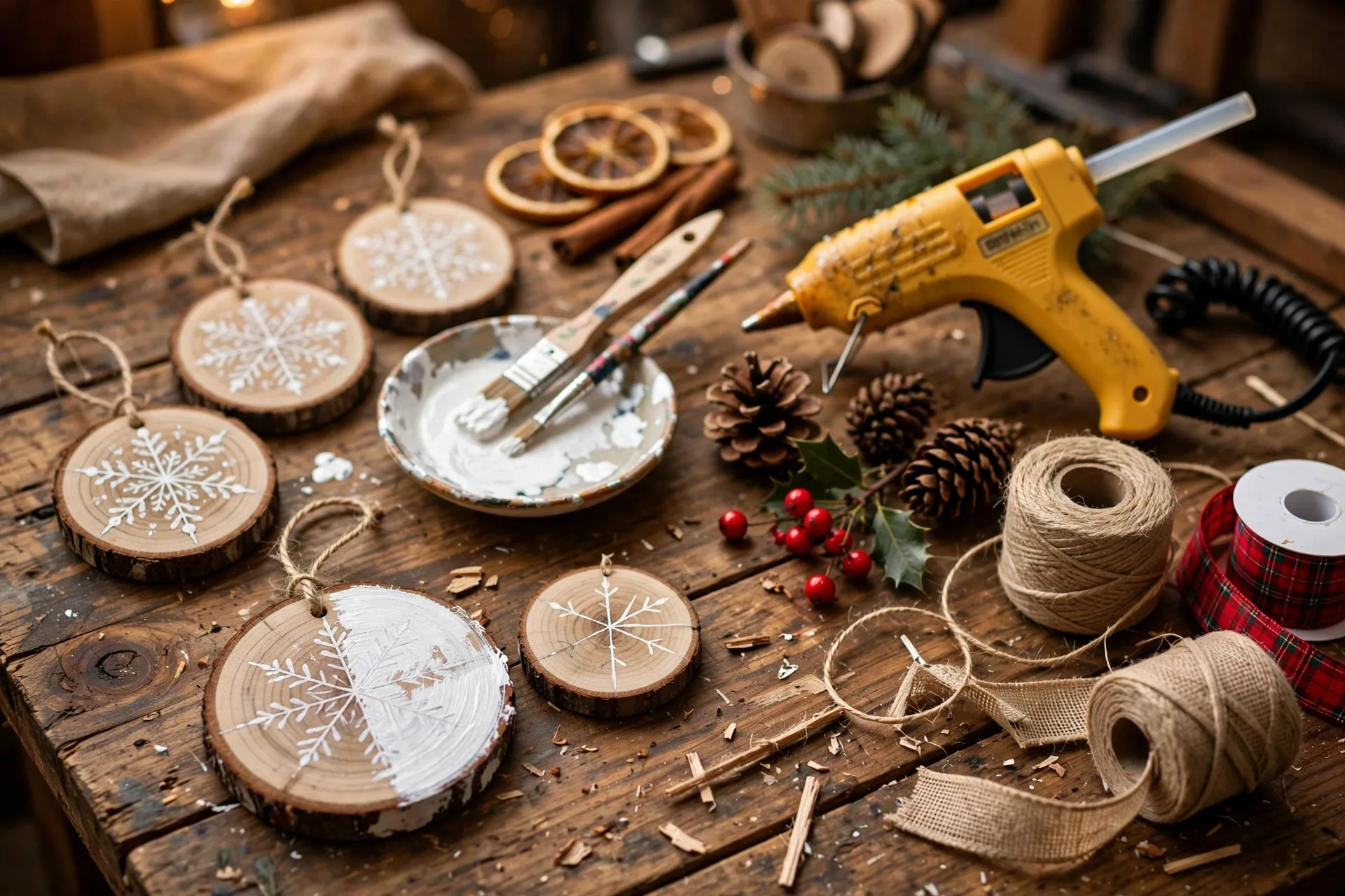 Handmade Christmas ornaments including wood slices and dried oranges on a craft table