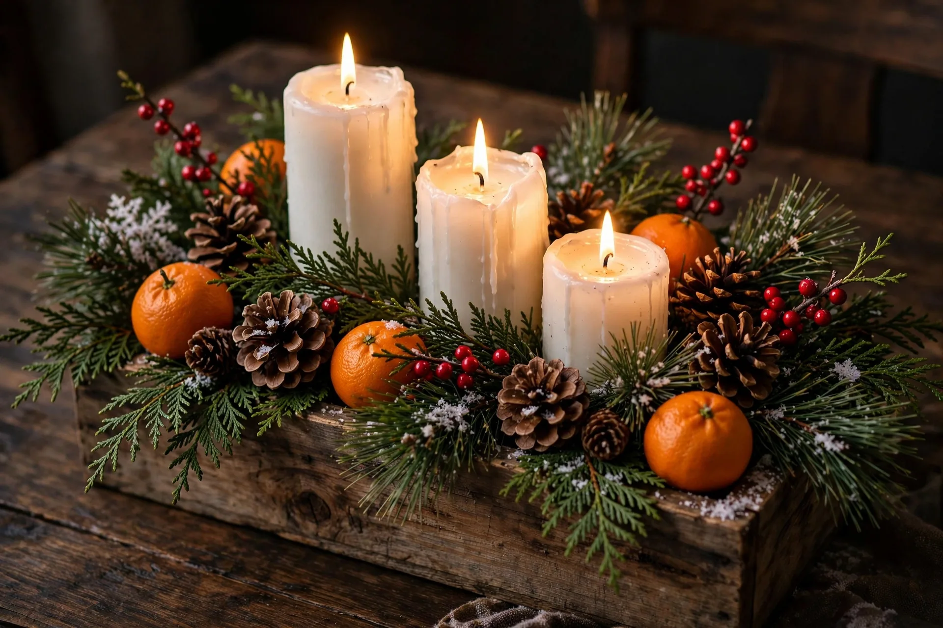 DIY Christmas table centerpiece with evergreen branches candles and pinecones in a wooden box