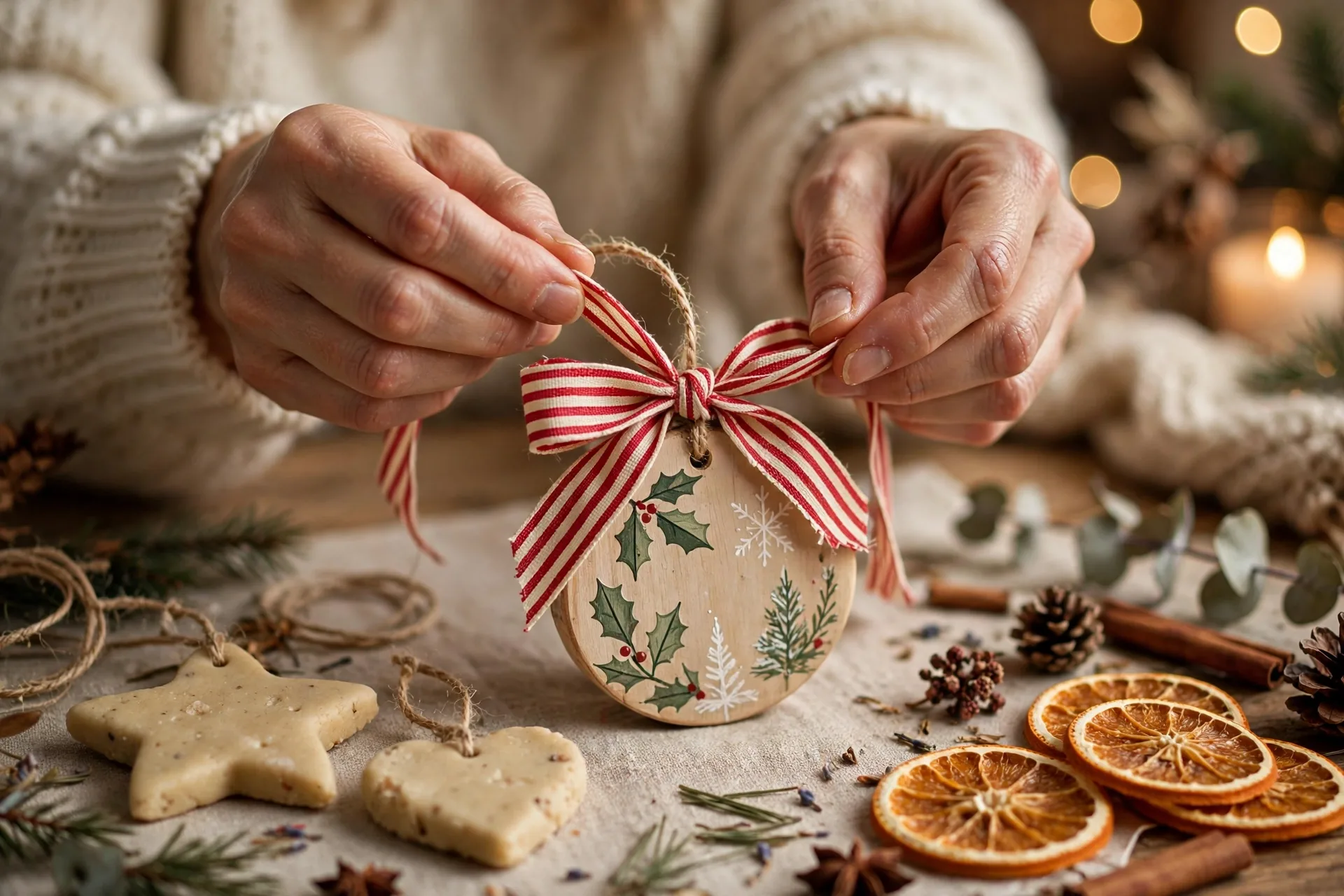 Handmade Christmas ornaments including embroidery hoop wreaths