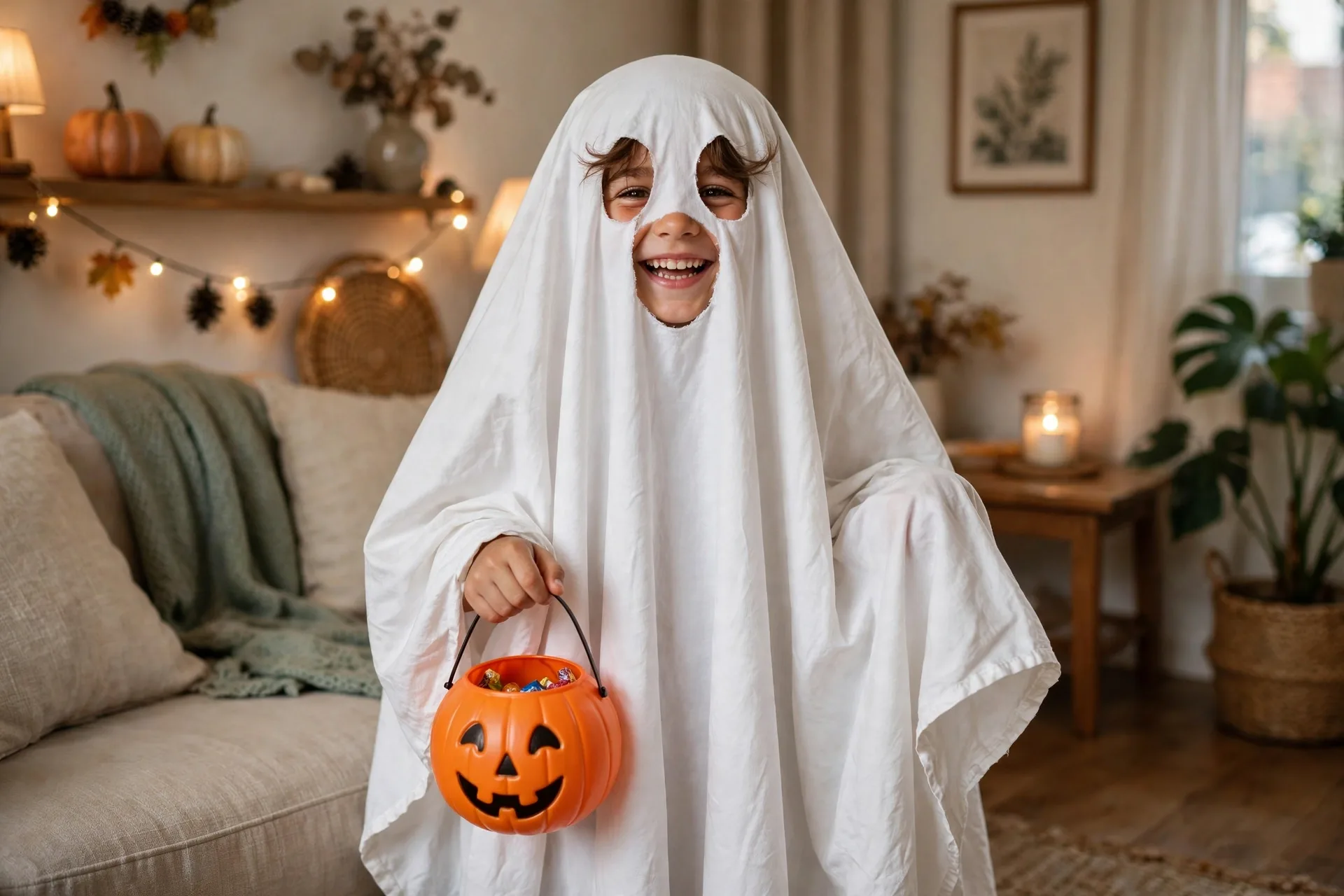Happy child wearing a cute homemade no-sew ghost costume made from a white bedsheet, holding a pumpkin candy bucket